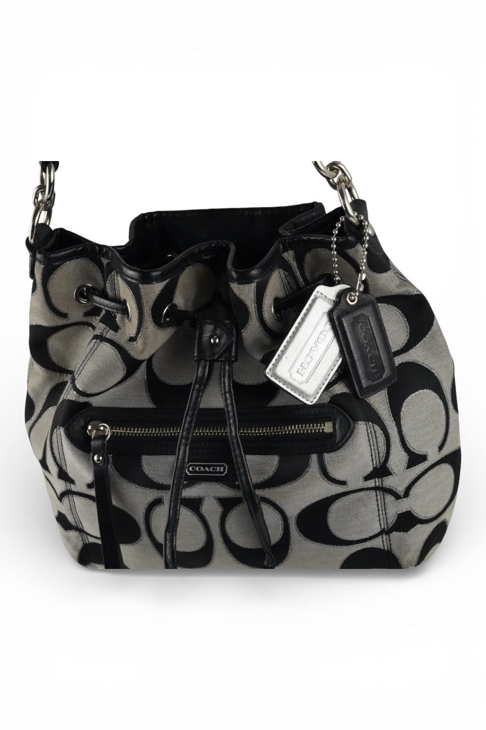 Coach Rare Black Grey & Silver Daisy Metallic Signature Vintage Bucket Bag