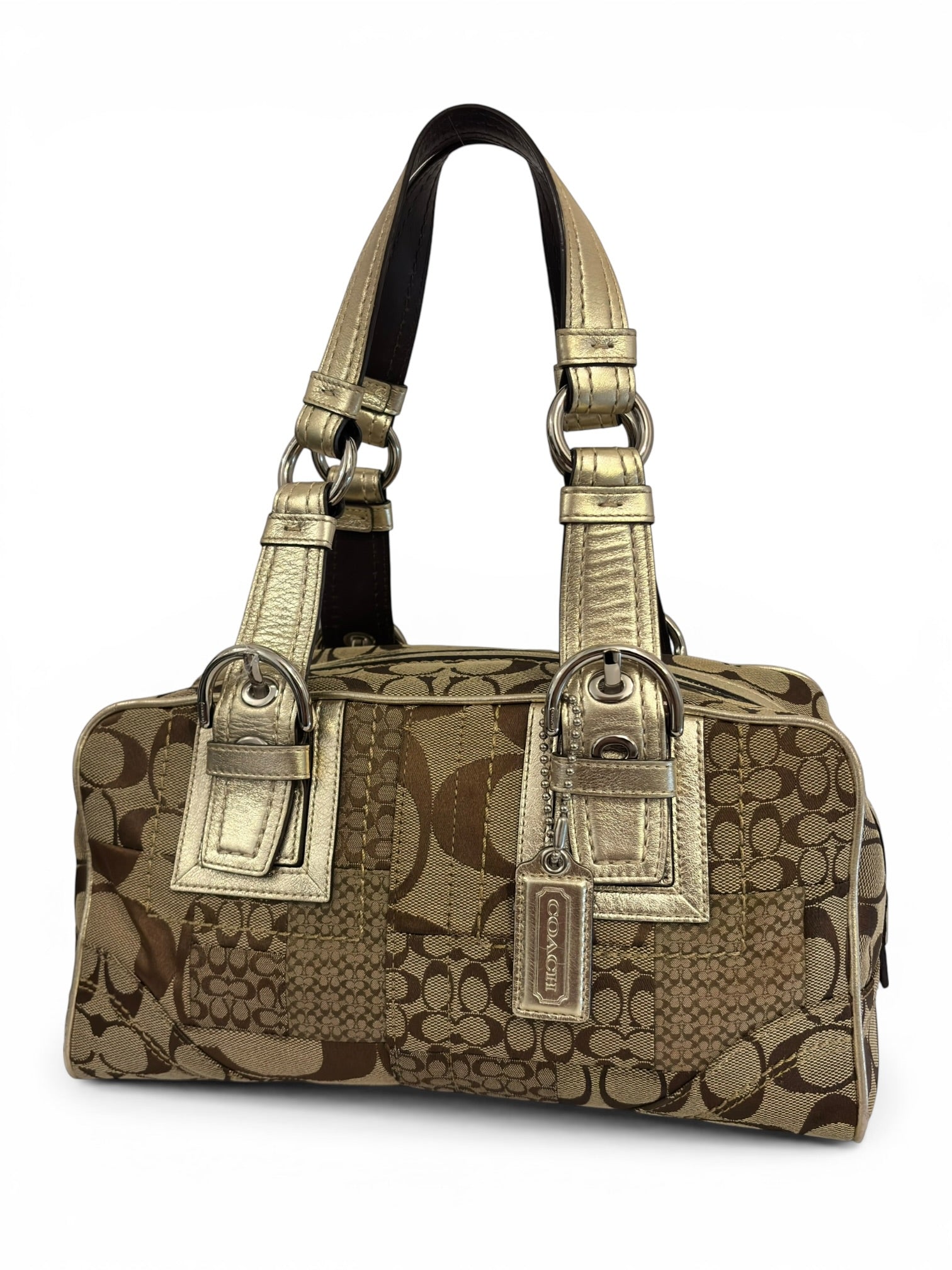 Coach Patchwork Brown & Gold Canvas Metallic Leather Boston Shoulder Bag