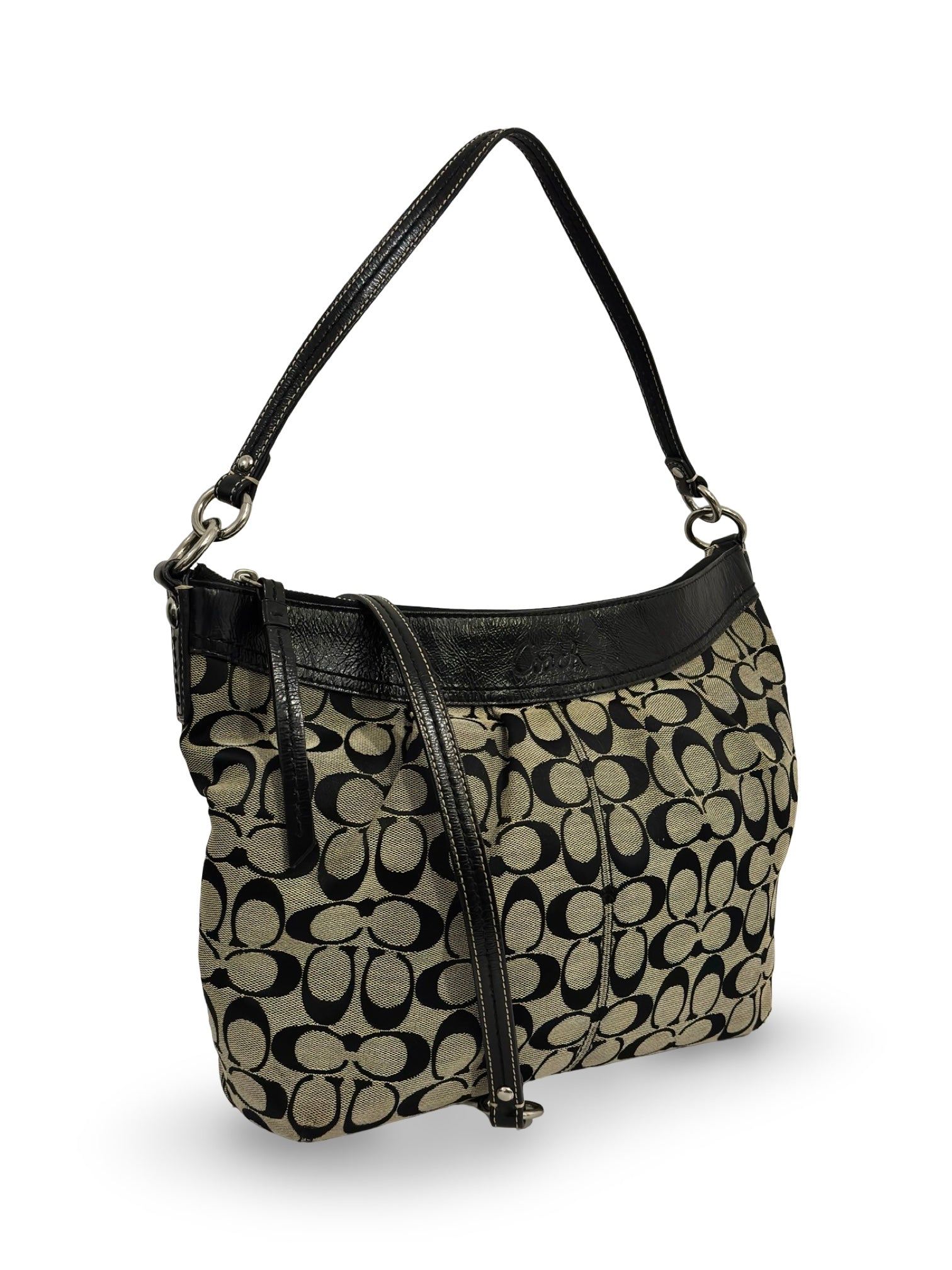 Coach Black & Grey Signature Canvas & Patent Leather Vintage Shoulder Bag