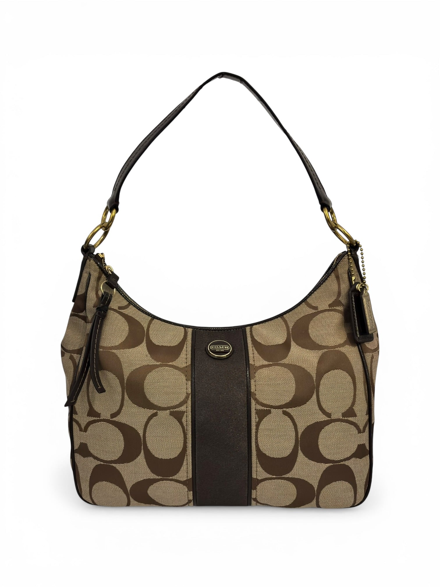 Coach Brown Beige Signature Stripe Canvas & Patent Leather Vintage 2000's Shoulder Bag