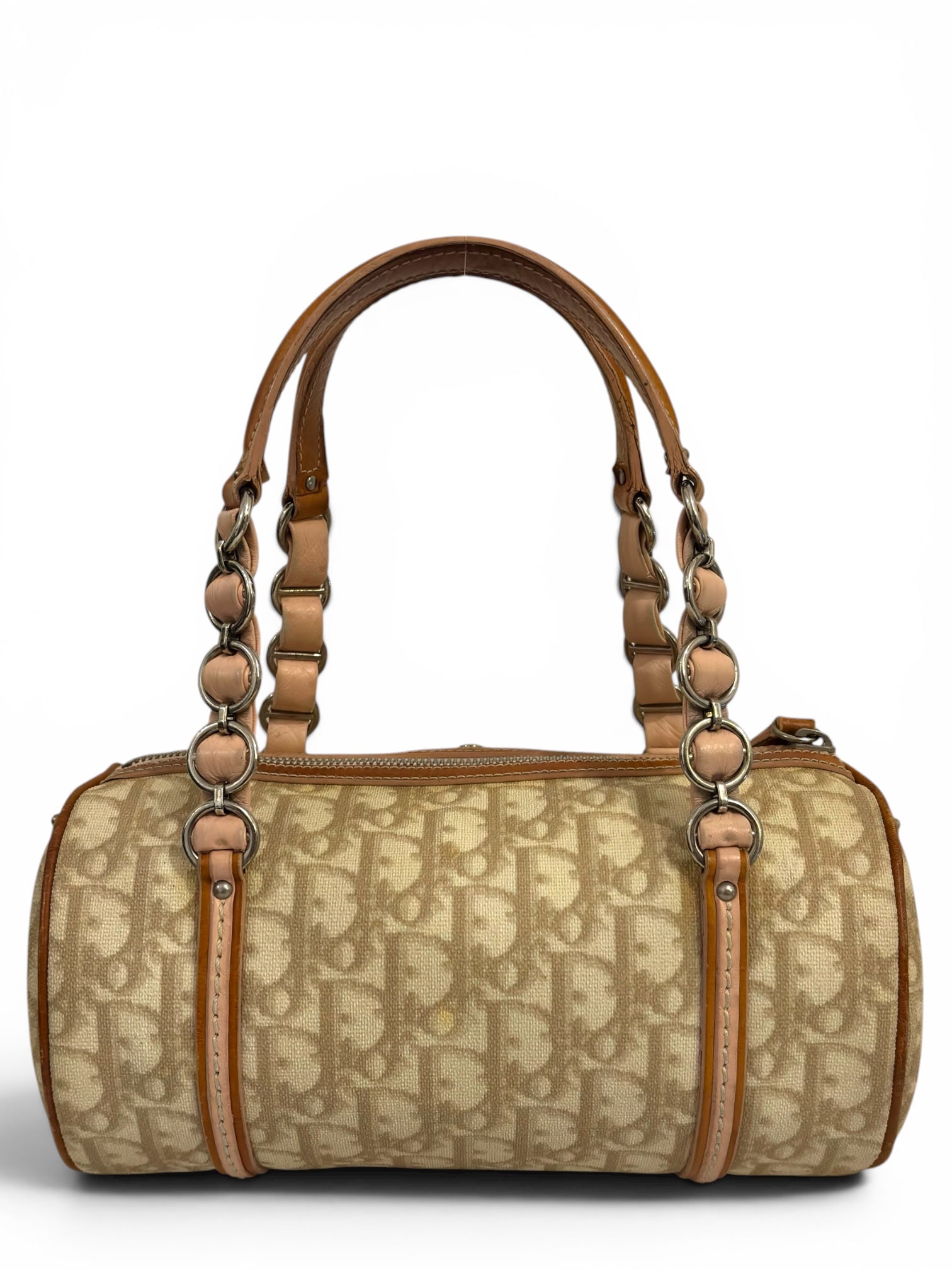 Christian Dior Rare Romantique Trotter Barrel Pink & Brown Heart Charm Galliano Vintage Shoulder Bag