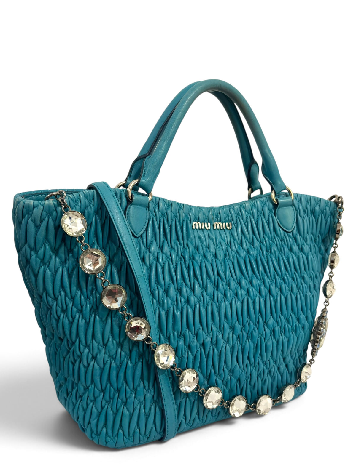 Vintage Miu Miu Bag In Blue Nappa Matelassé Leather Swarovski Crystal Tote