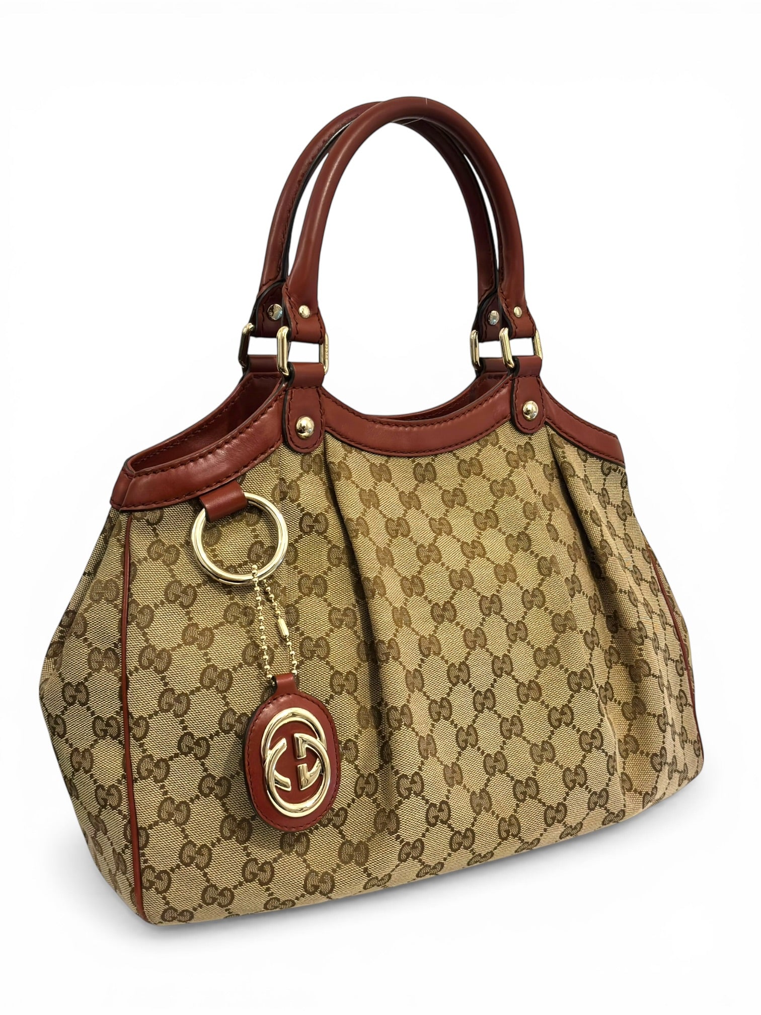 Gucci Sukey Brown & Red Leather & Canvas Monogram Tote Shoulder Bag