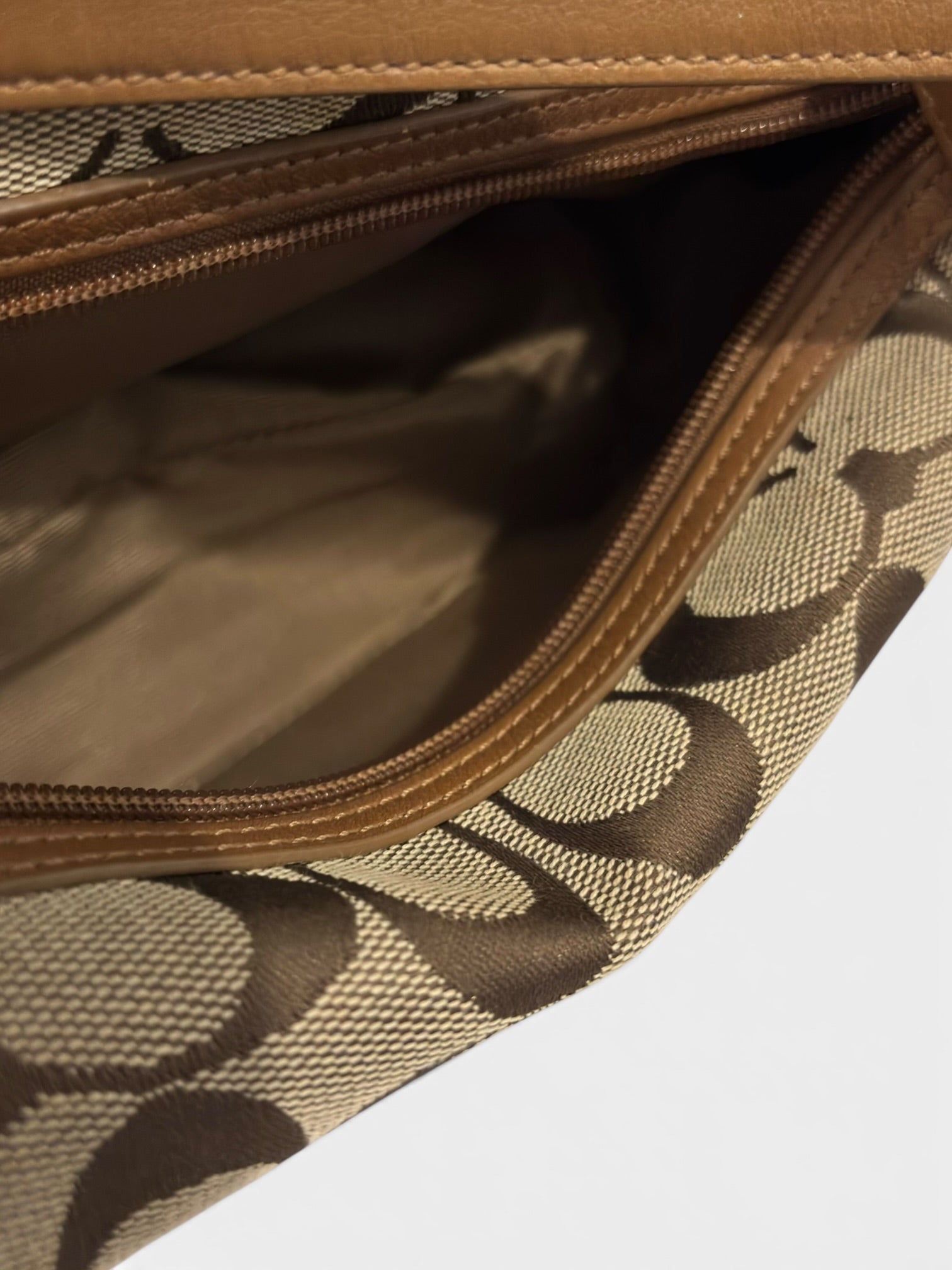 Coach Rare Mini Signature Striped Patchwork Tan Brown Beige Canvas Leather & Suede Vintage
Handbag