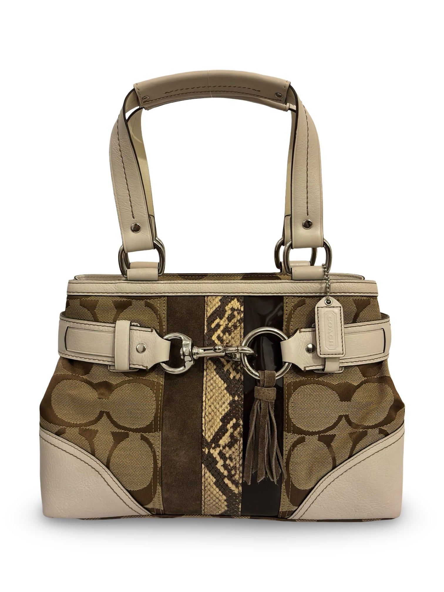 Coach Hampton Brown / White Canvas & Leather Signature Python Tassle Vintage Tote Shoulder Bag