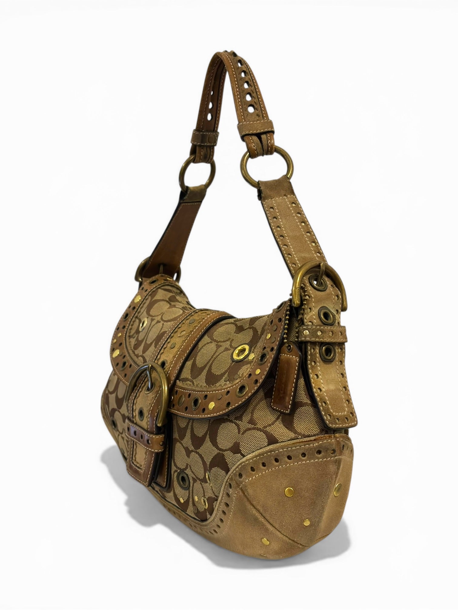 Coach Rare Soho Brown Beige Signature Studded Suede & Leather Rivet Hobo Shoulder Bag