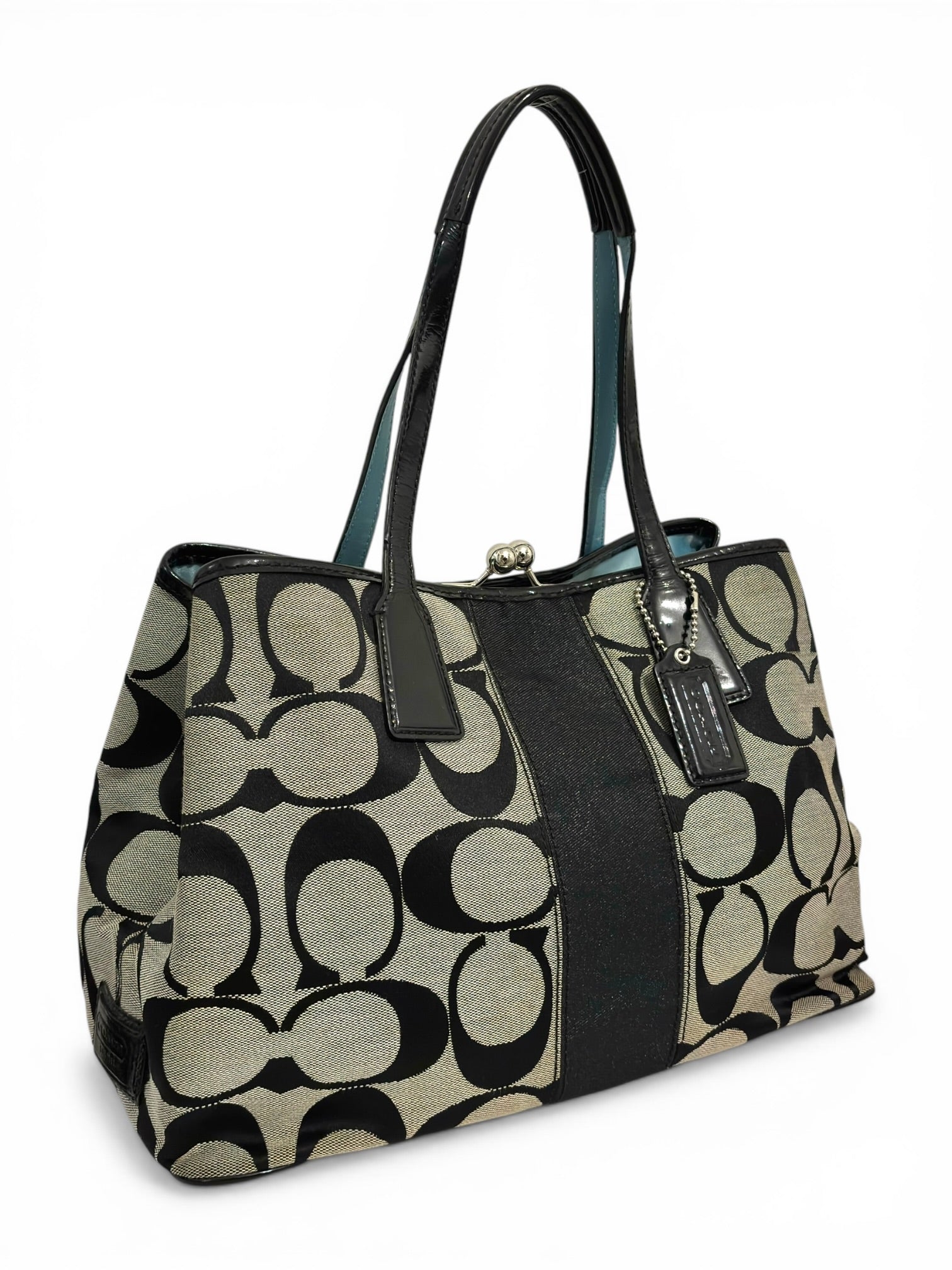 Coach Signature Stripe Black & Grey Canvas / Leather Kisslock Vintage Tote Shoulder Bag