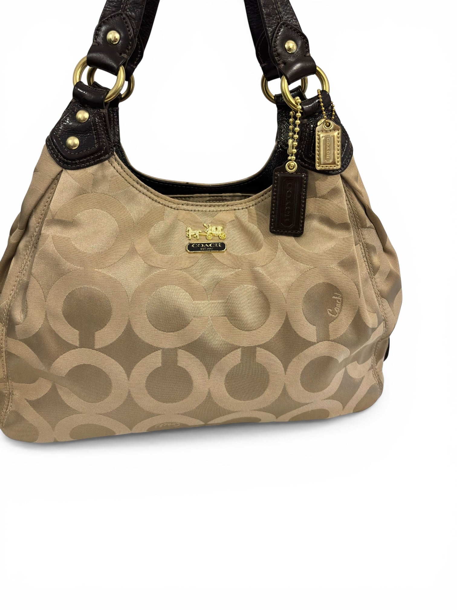 Coach Madison OP Art Sateen Maggie Brown Beige Canvas & Leather Signature Hobo Shoulder Bag