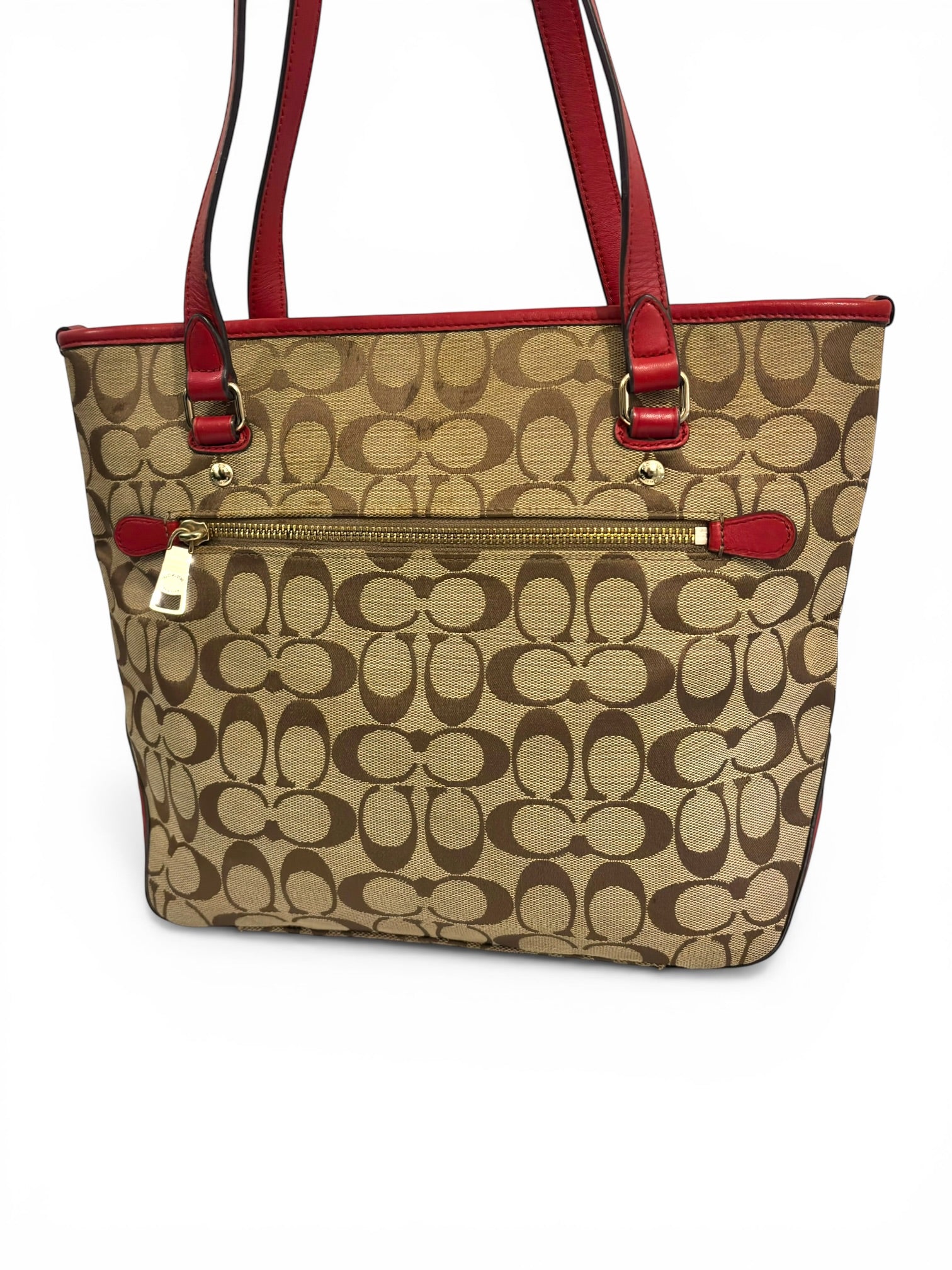 Coach Brown Khaki & Red Signature Monogram Canvas & Leather Tote Vintage Shoulder Bag