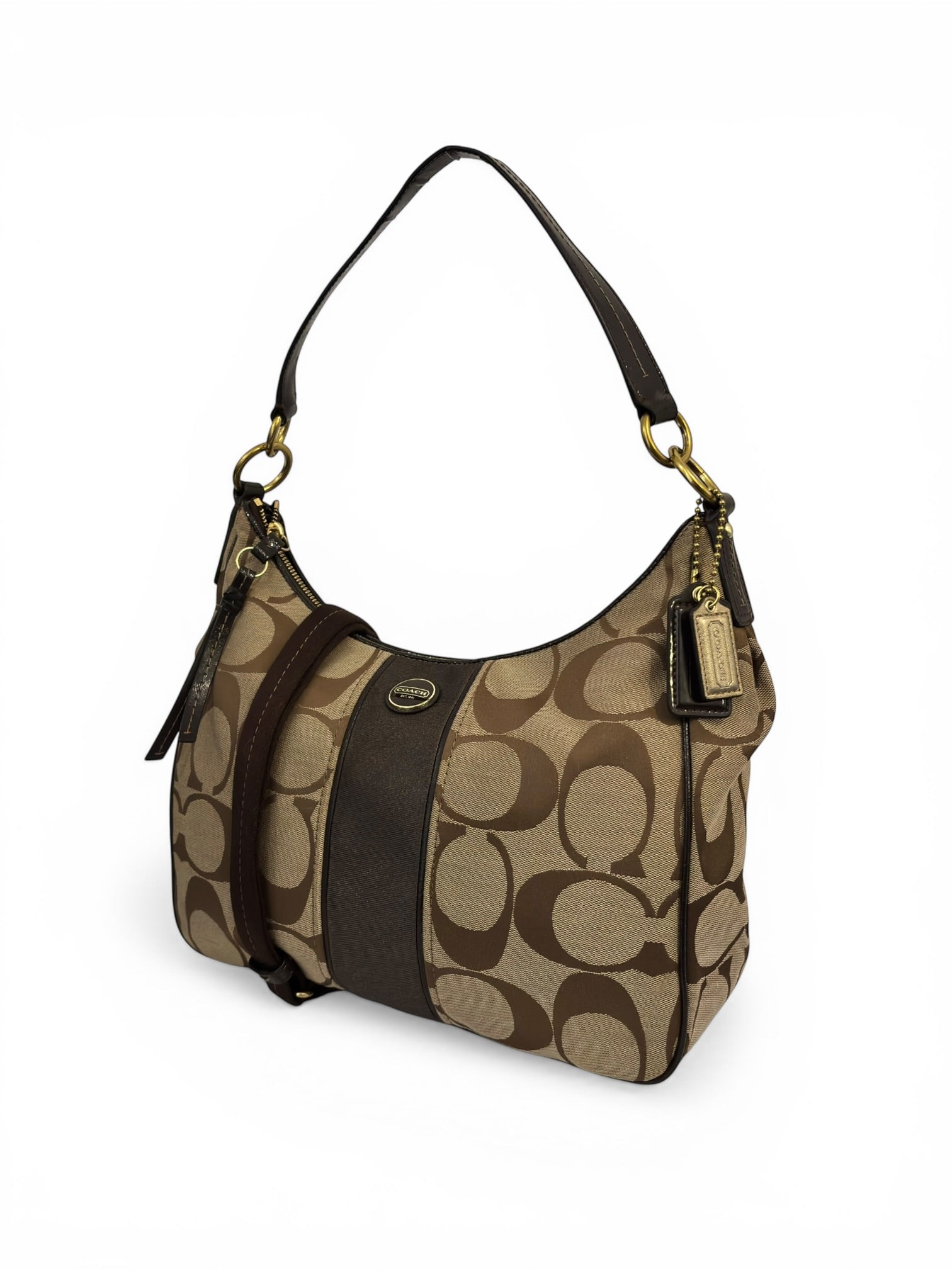 Coach Brown Beige Signature Stripe Canvas & Patent Leather Vintage 2000's Shoulder Bag
