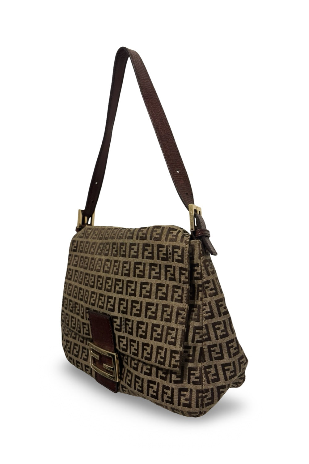 Fendi Zucchino Canvas Brown & Khaki Mamma Baguette Large Signature Shoulder Bag Vintage 2000's
