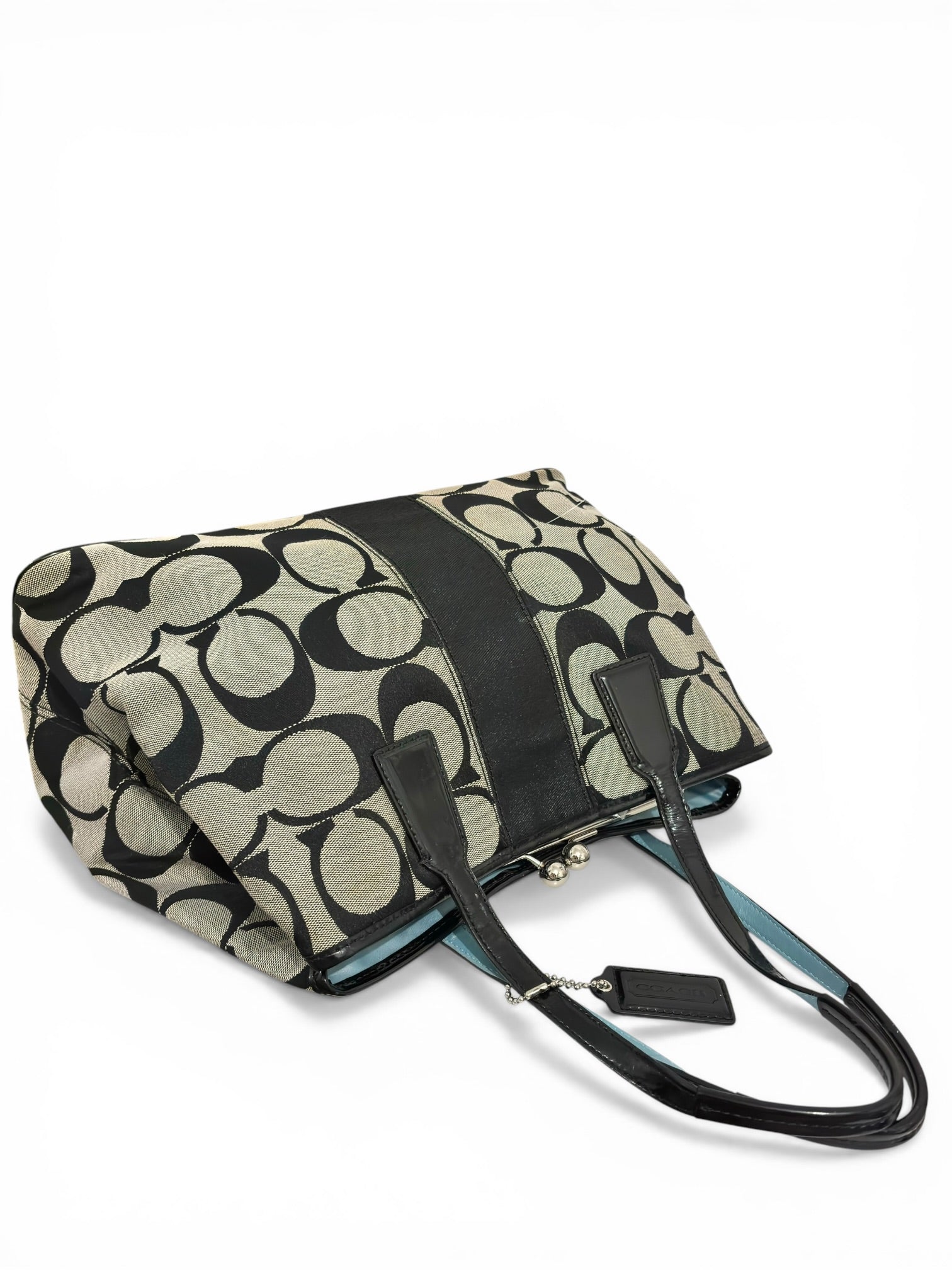 Coach Signature Stripe Black & Grey Canvas / Leather Kisslock Vintage Tote Shoulder Bag