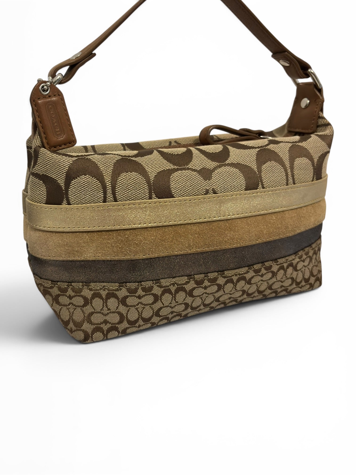 Coach Rare Mini Signature Striped Patchwork Tan Brown Beige Canvas Leather & Suede Vintage
Handbag