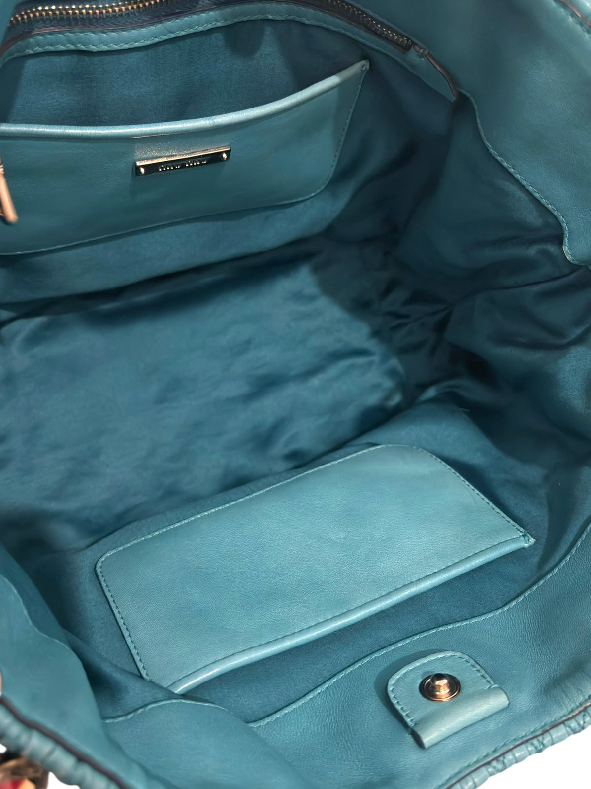 Vintage Miu Miu Bag In Blue Nappa Matelassé Leather Swarovski Crystal Tote