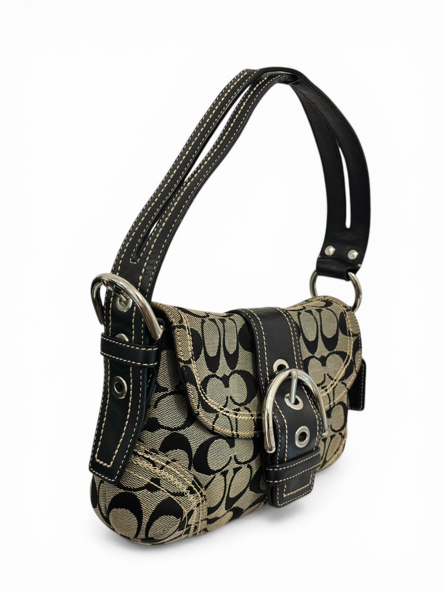 Coach Soho Signature Black & Grey Buckle Canvas & Leather Shoulder Bag