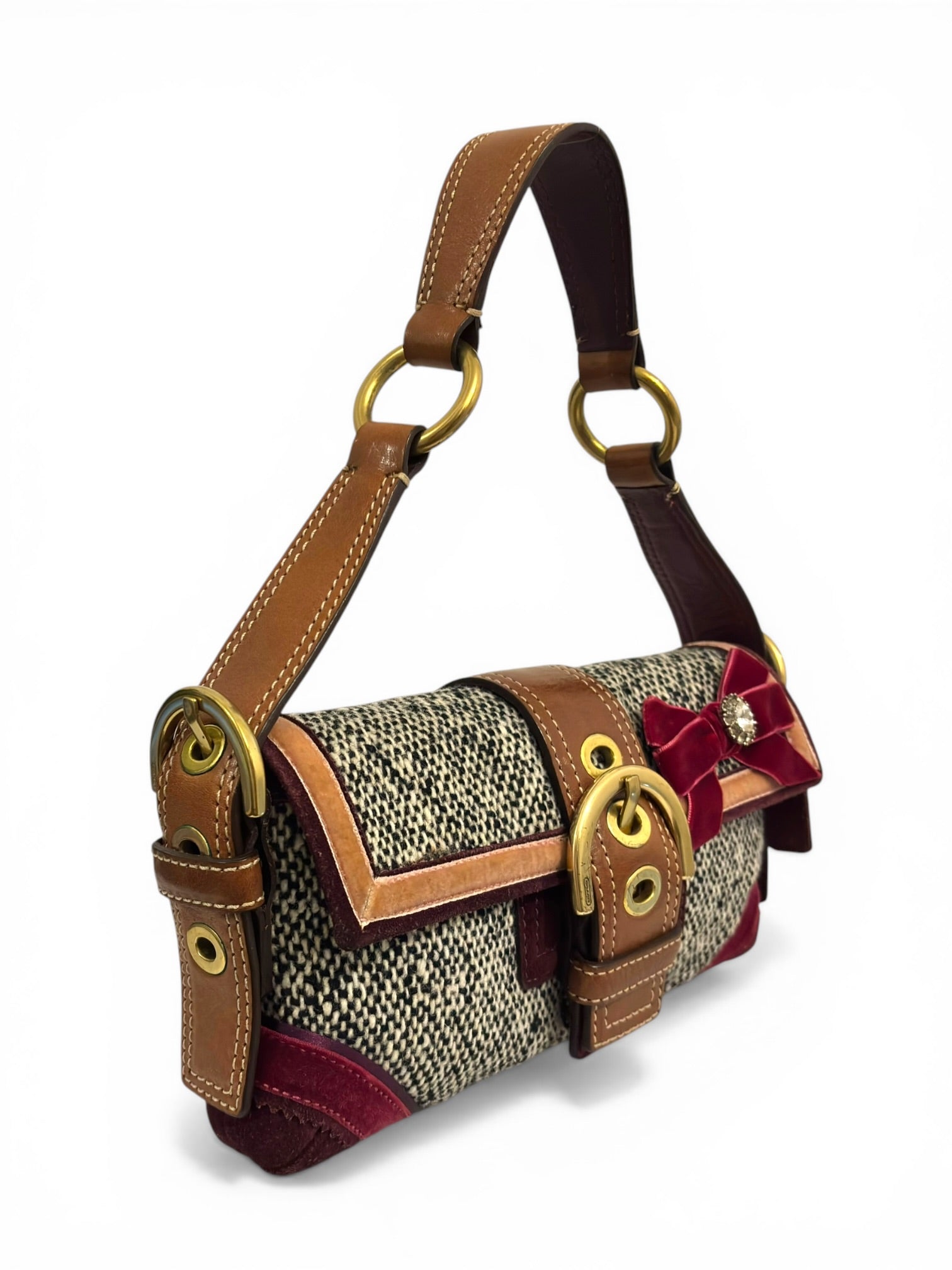 Coach Rare Soho Demi Grey Tweed Brown Leather & Burgundy Suede Shoulder Bag