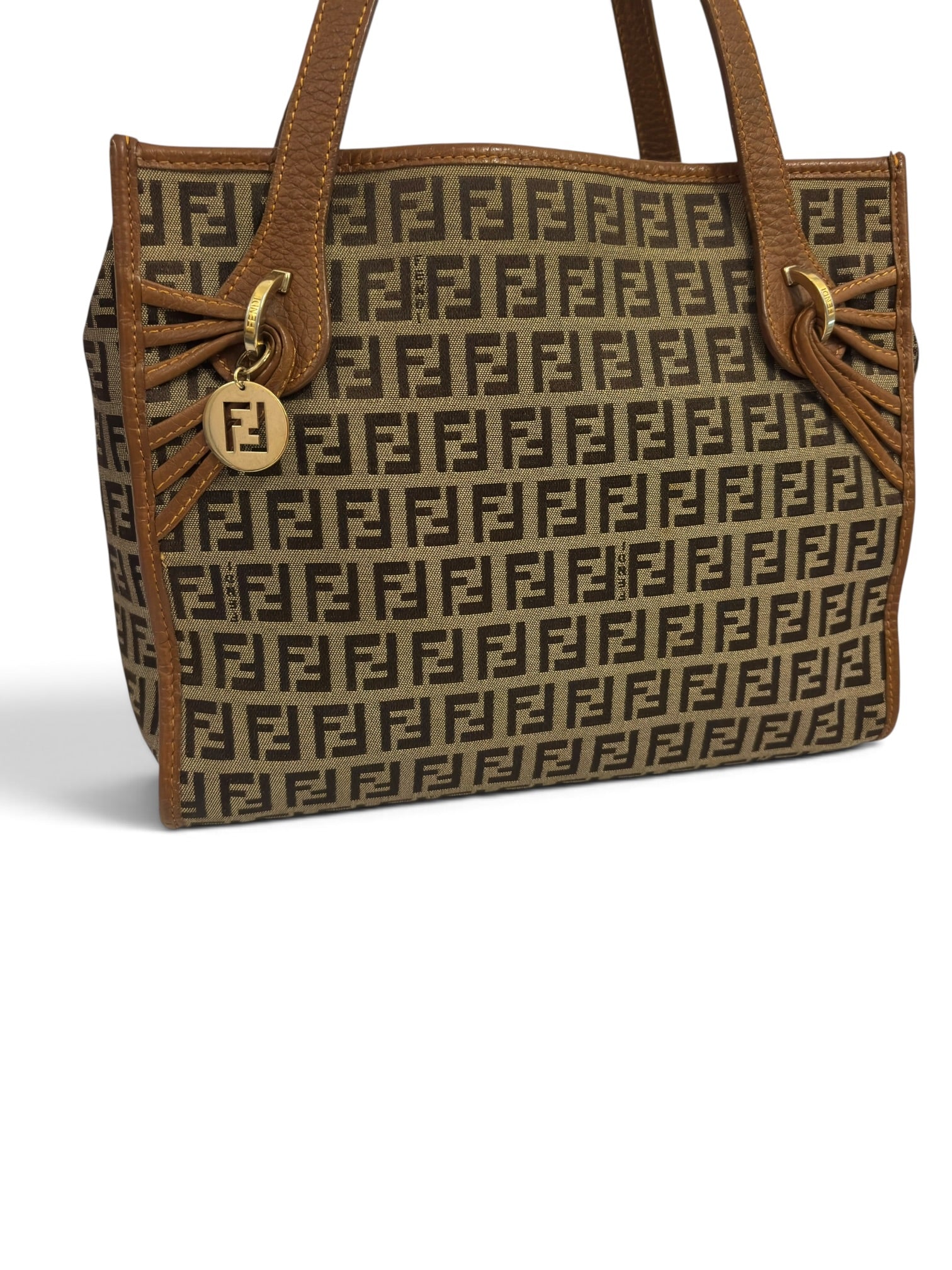 Vintage Fendi Zucchino Bag FF Canvas Tote Brown Leather Trim Shoulder Handbag