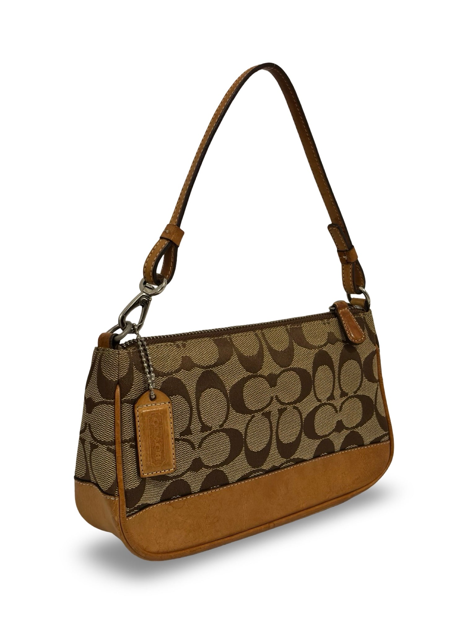 Coach Brown Mini ‘Demi’ Signature Canvas & Leather Pochette Vintage Shoulder Bag