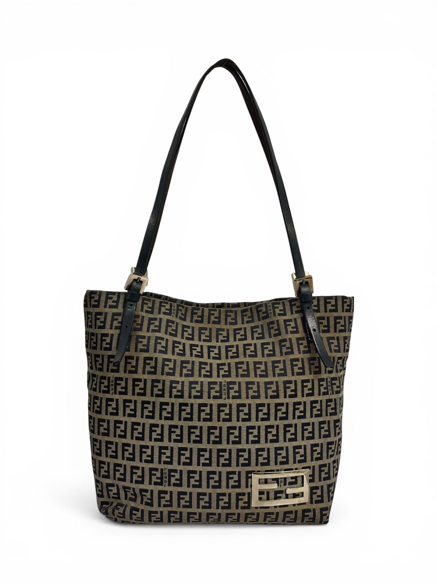 Fendi Zucchino Vitello Brown Grey Navy Monogram Zucca Vintage Tote Shoulder Bag
