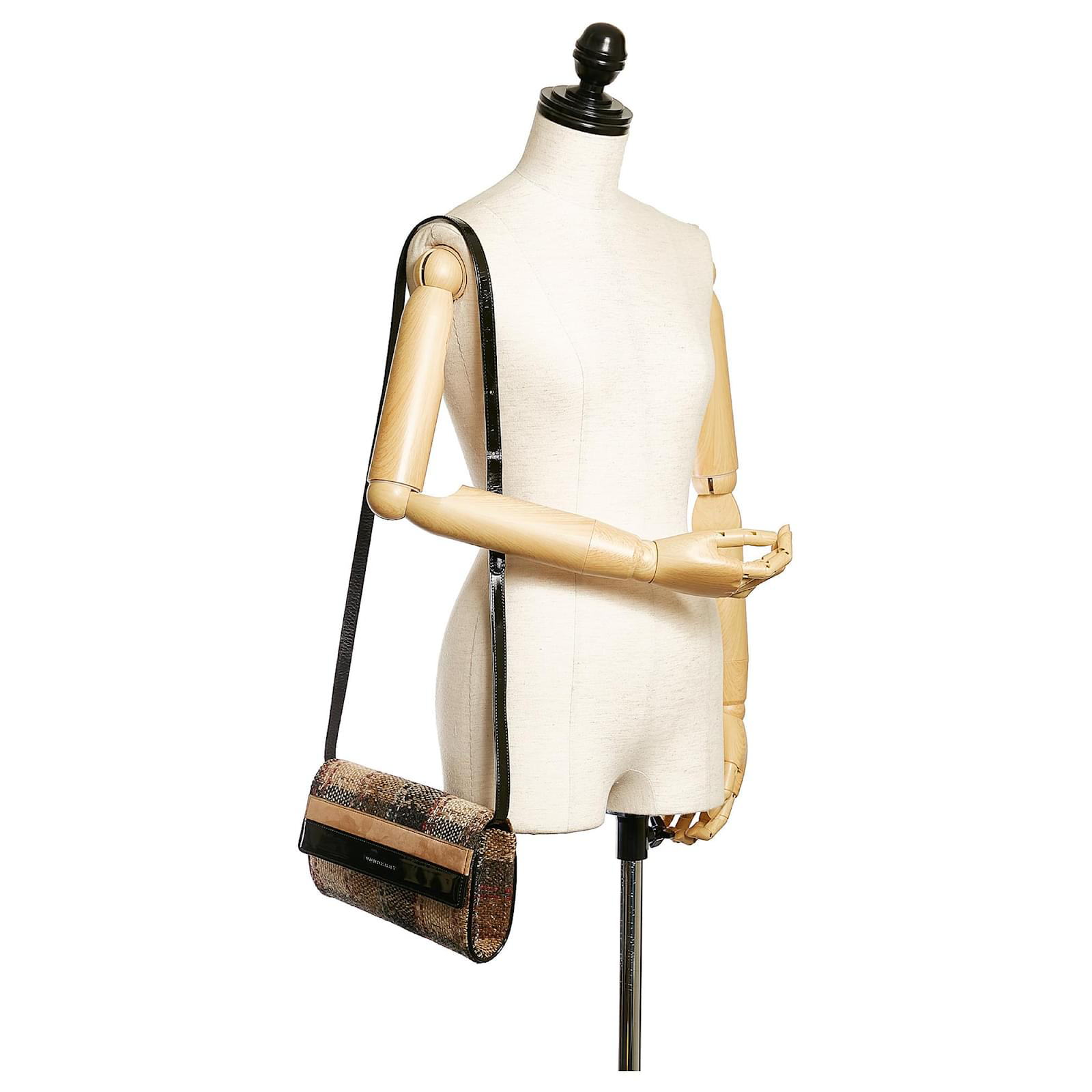 Burberry Wool Minaudière Checkered Black & Brown Leather Trim Tweed Nova Crossbody / Shoulder Bag