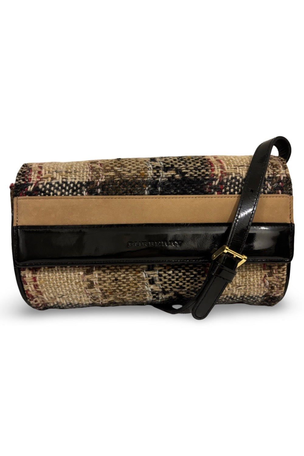 Burberry Wool Minaudière Checkered Black & Brown Leather Trim Tweed Nova Crossbody / Shoulder Bag