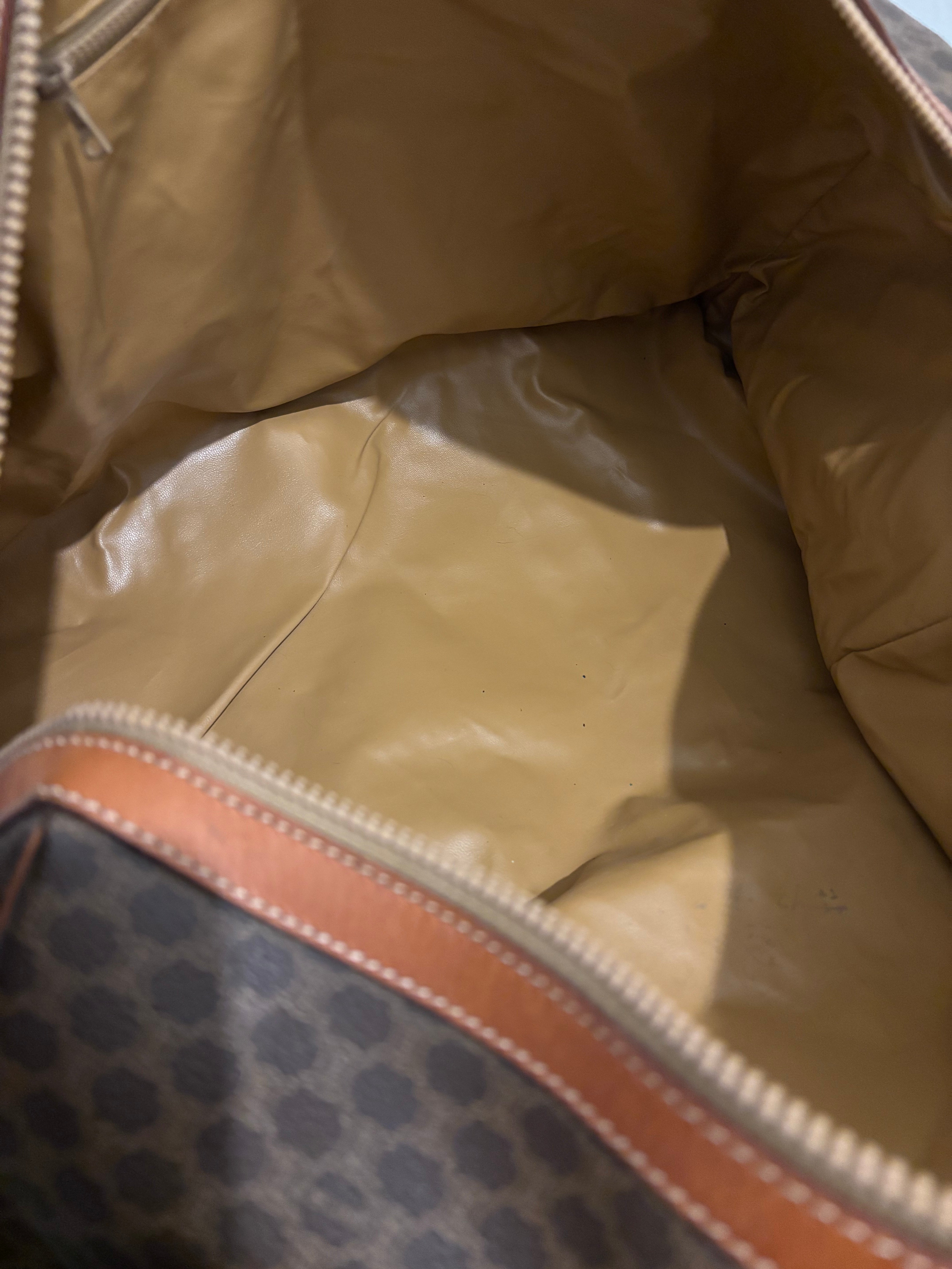 Celine Vintage Brown Macadam Signature Travel Weekender Duffle Boston Tote Bag