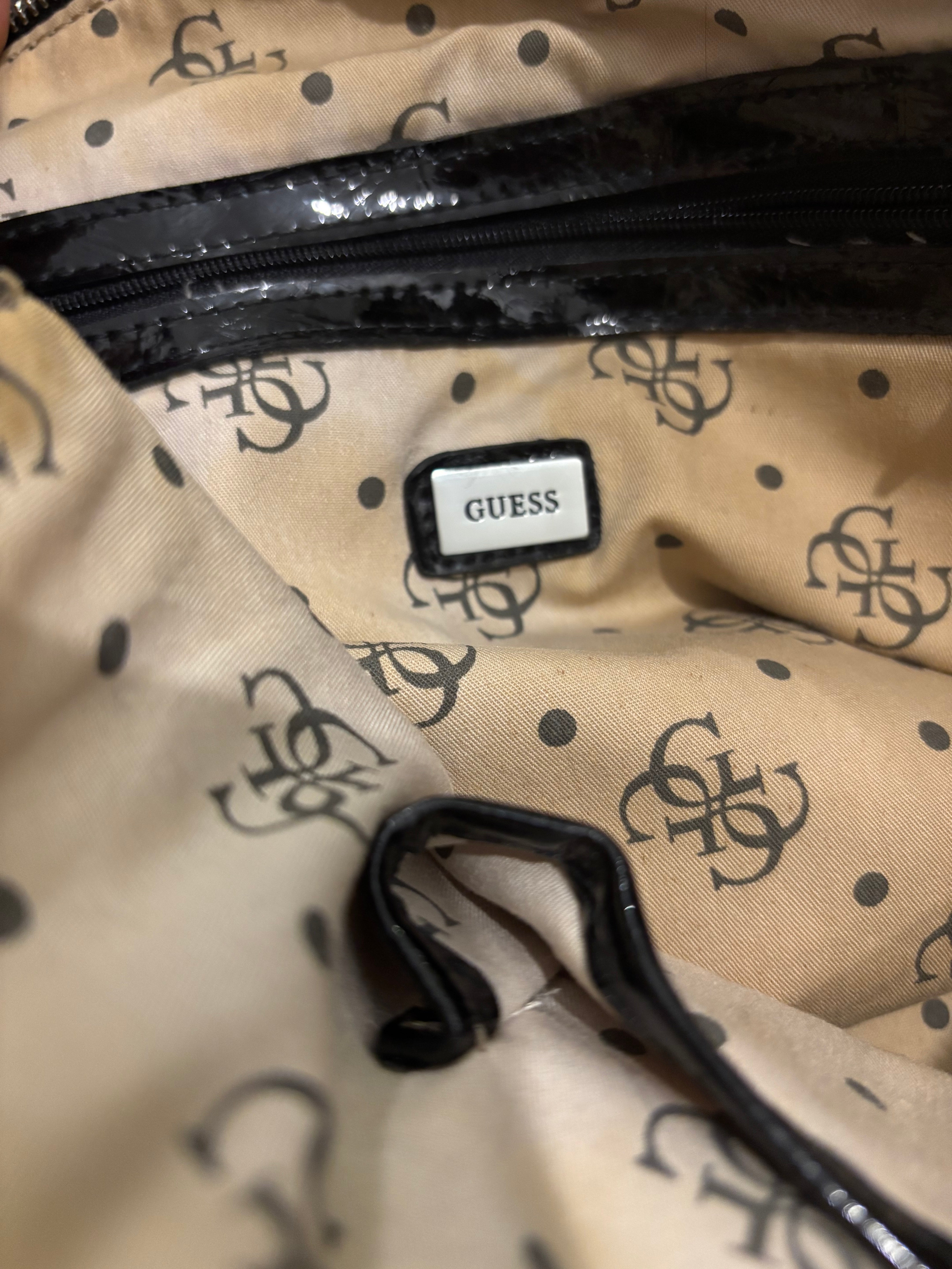 Guess Vintage Black & Grey Patent Leather 2000's PVC Tote Monogram Shoulder Bag