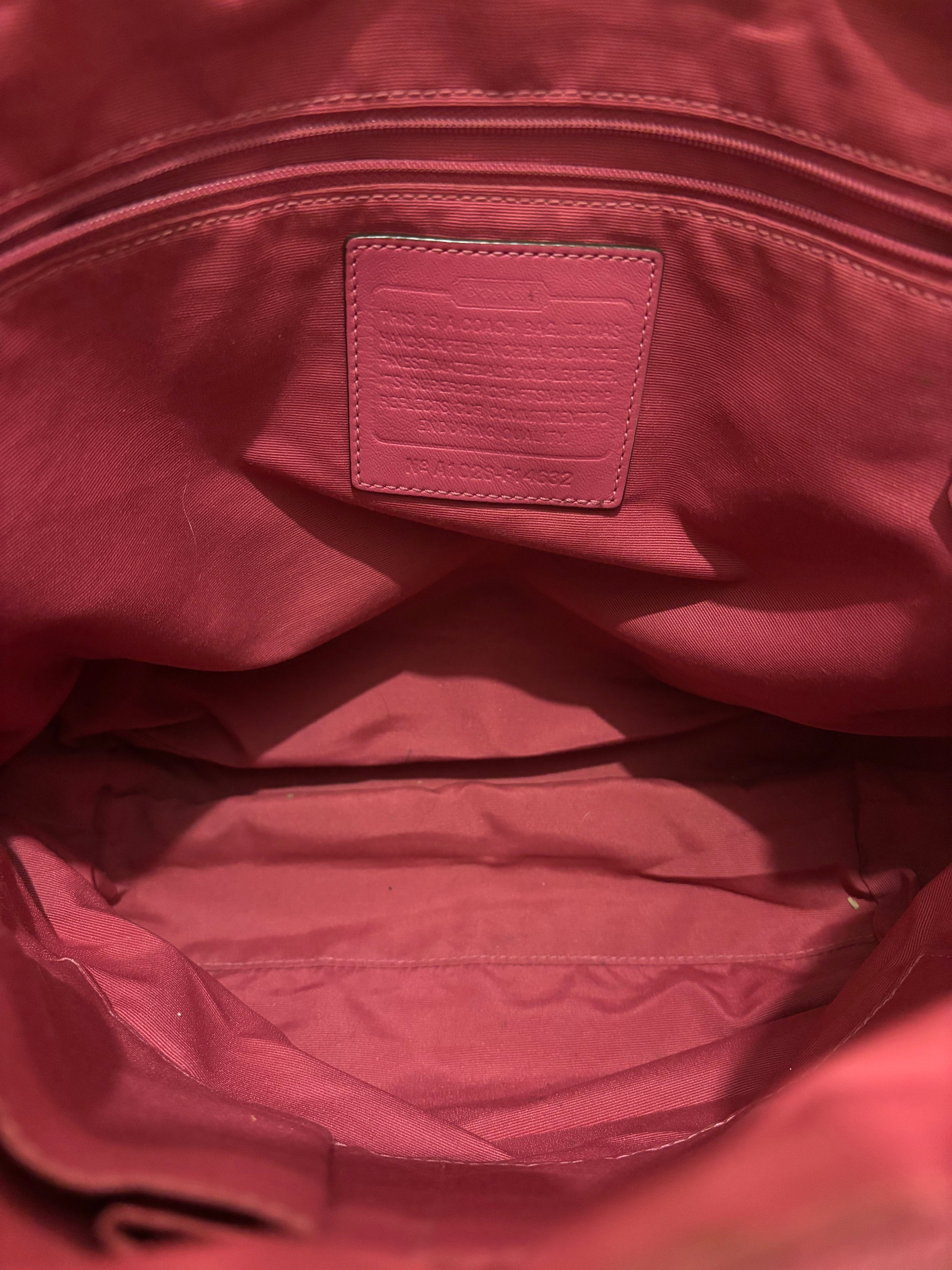 Coach Tote Brown / Beige & Pink Sateen Canvas & Leather Signature Shoulder Bag