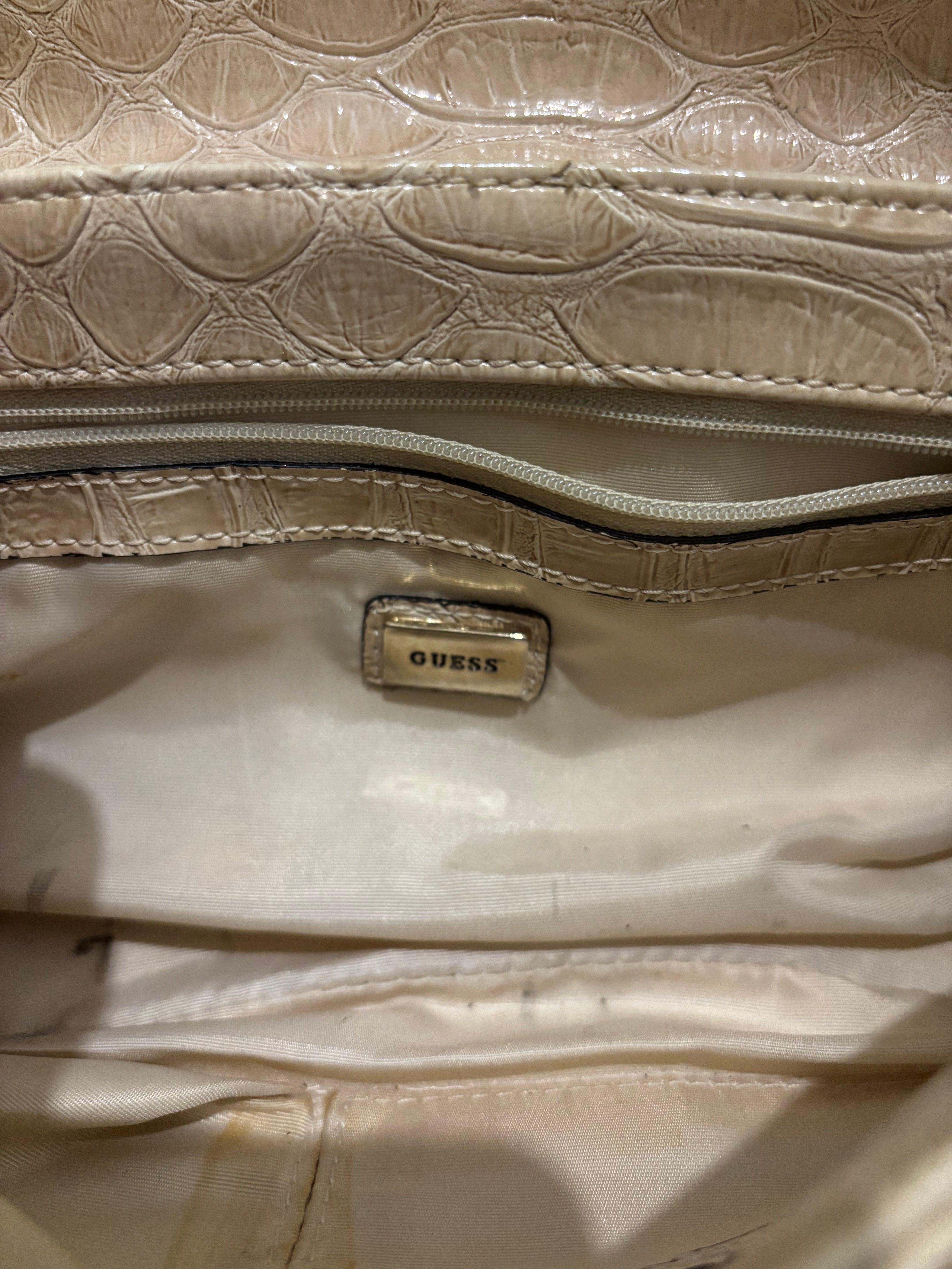 Guess Vintage Beige & Cream Crocodile Leather PVC Embossed Shoulder Bag