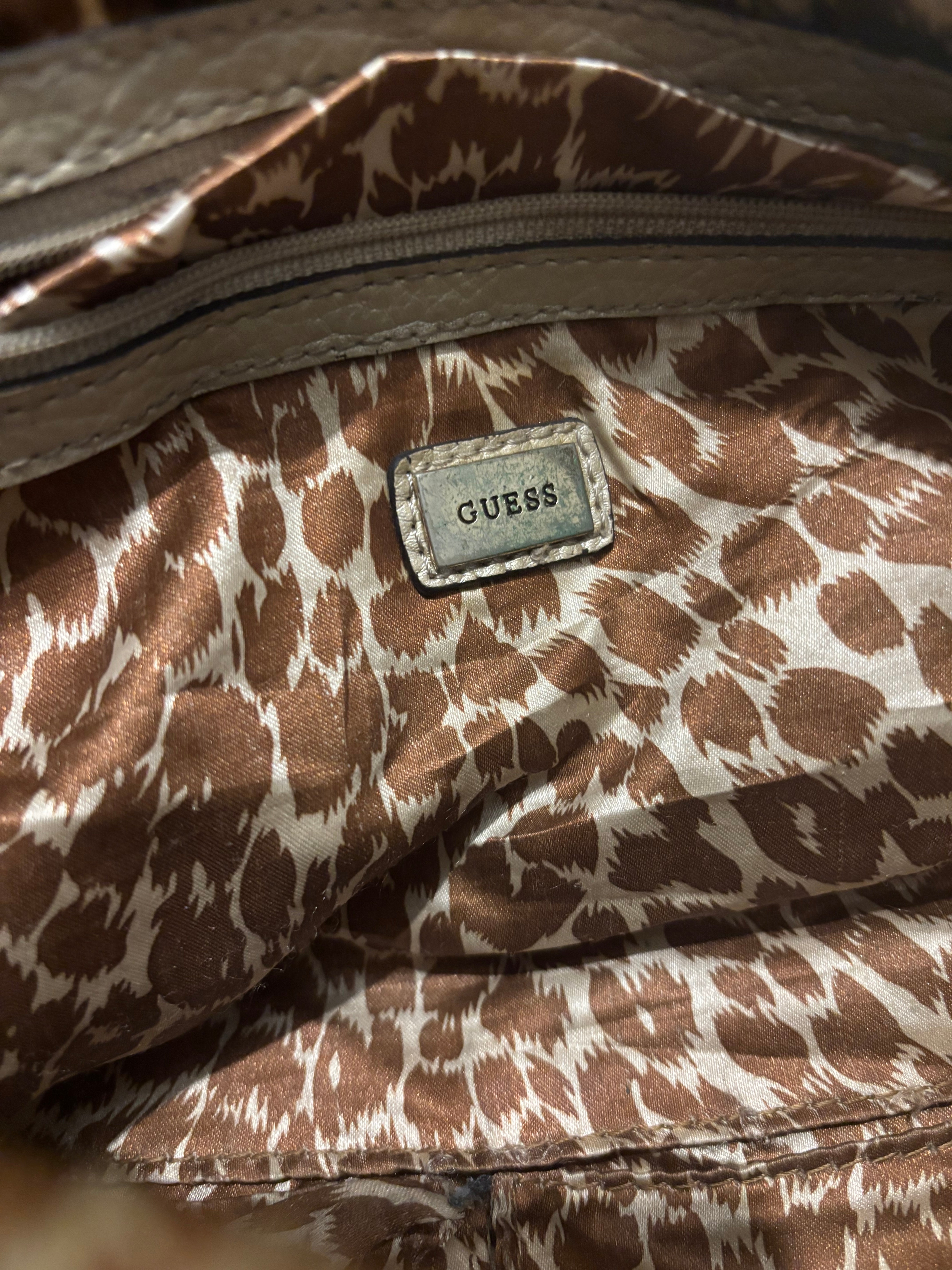 Guess Brown Khaki Signature Snake Print Monogram Baguette Shoulder Bag