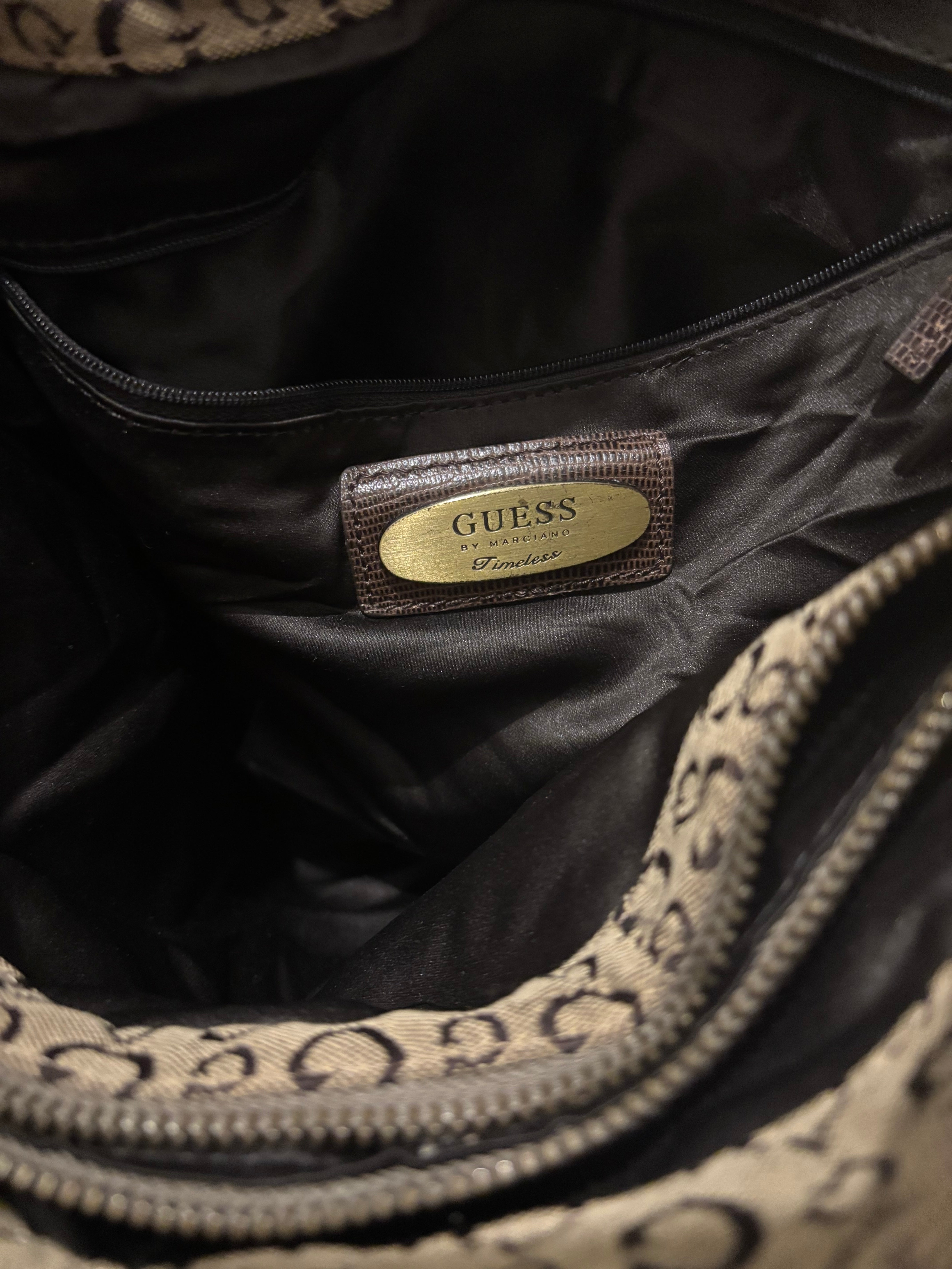 Guess Brown Signature Canvas & Leather Croc Embossed PVC Shoulder Bag