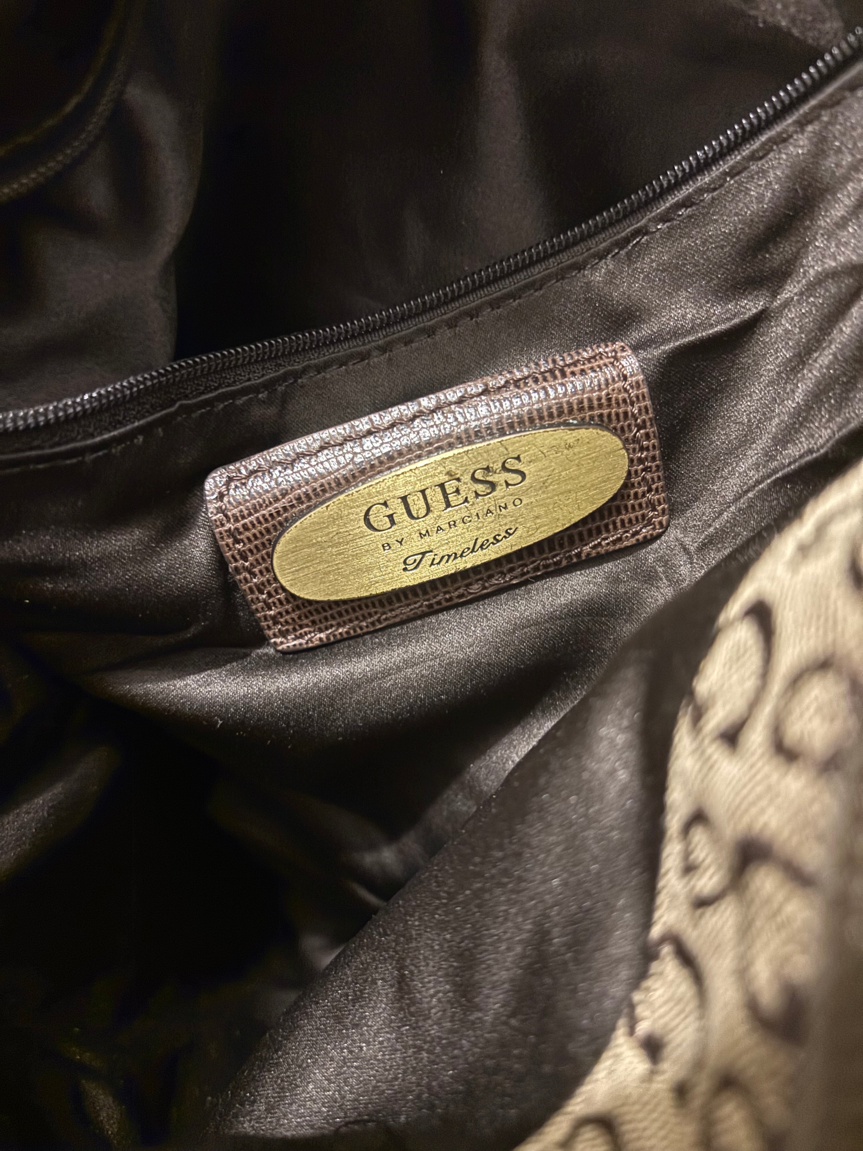 Guess Brown Signature Canvas & Leather Croc Embossed PVC Shoulder Bag