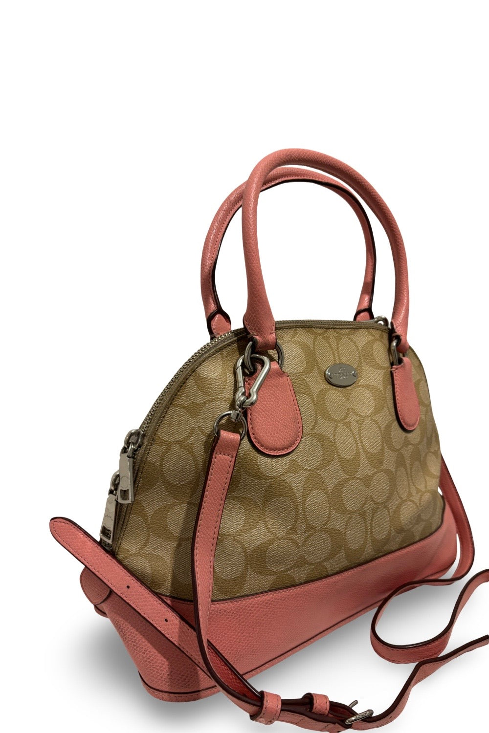 Coach Peyton Brown & Pink Coated Canvas Leather Signature Cora Shoulder Bag