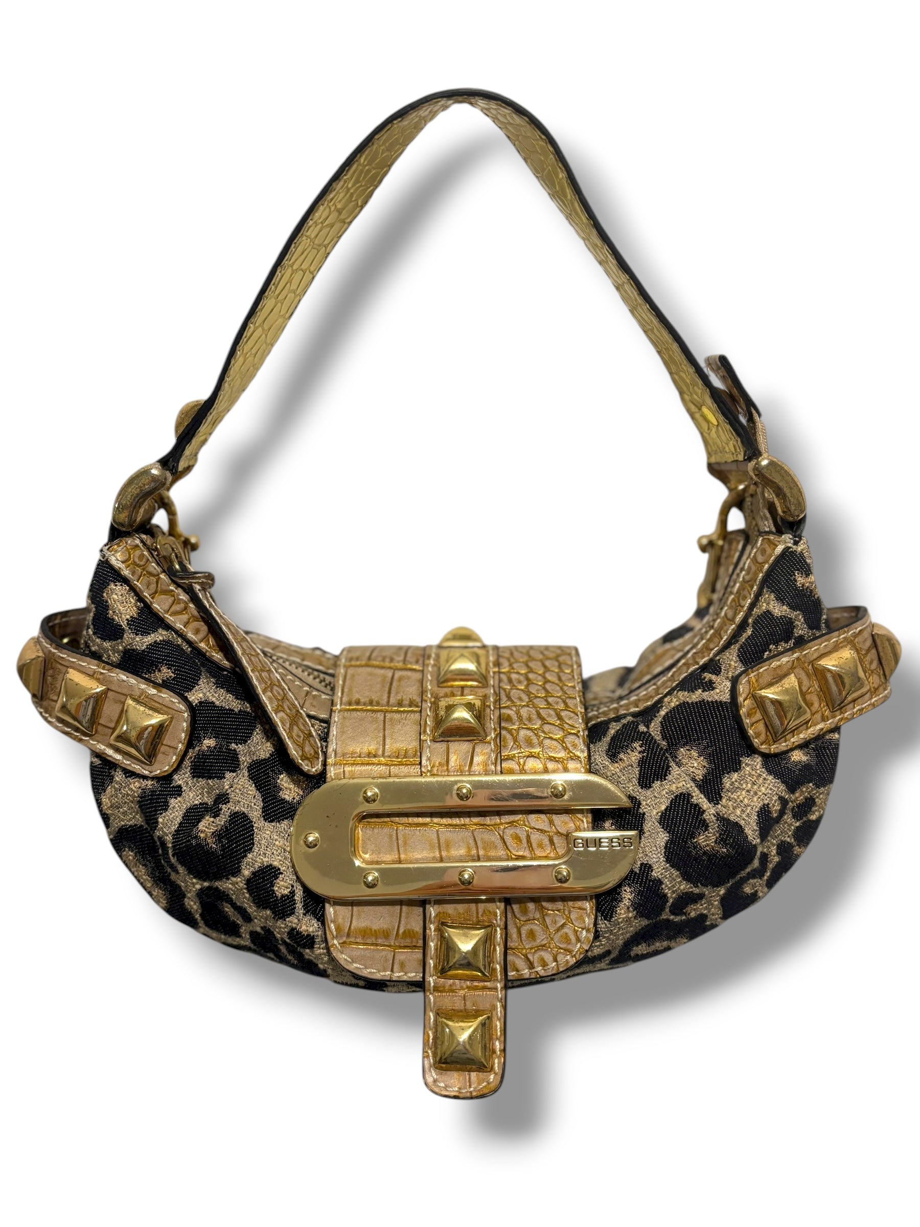 Guess Vintage Brown Gold Leopard Print Studded Baguette Canvas Shoulder Bag