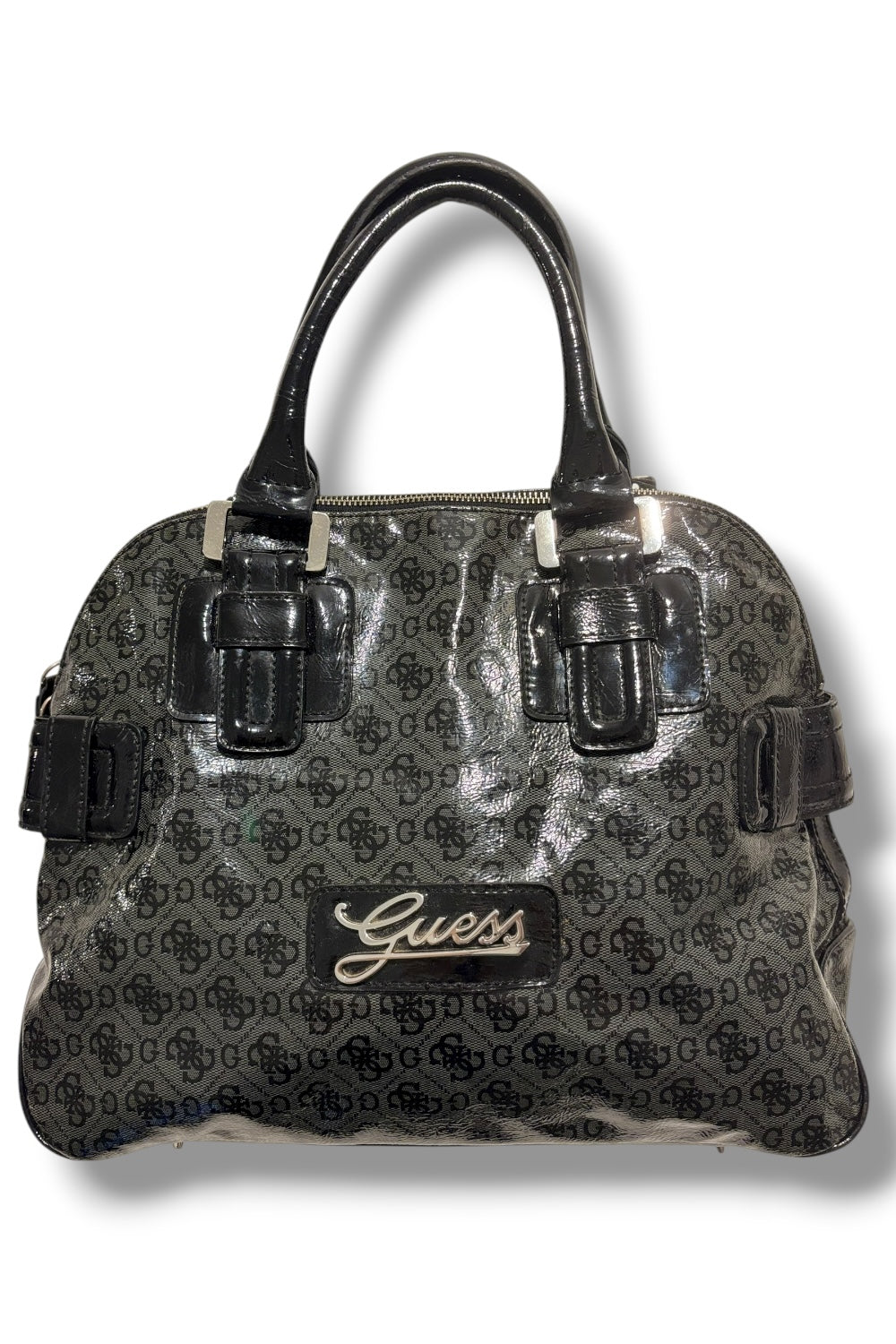 Guess Vintage Black & Grey Patent Leather 2000's PVC Tote Monogram Shoulder Bag