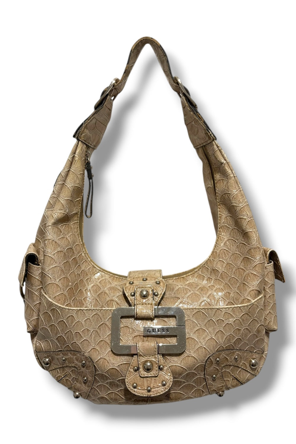Guess Vintage 2000's Beige Croc Patent Leather / PVC Hobo Shoulder Bag Y2K