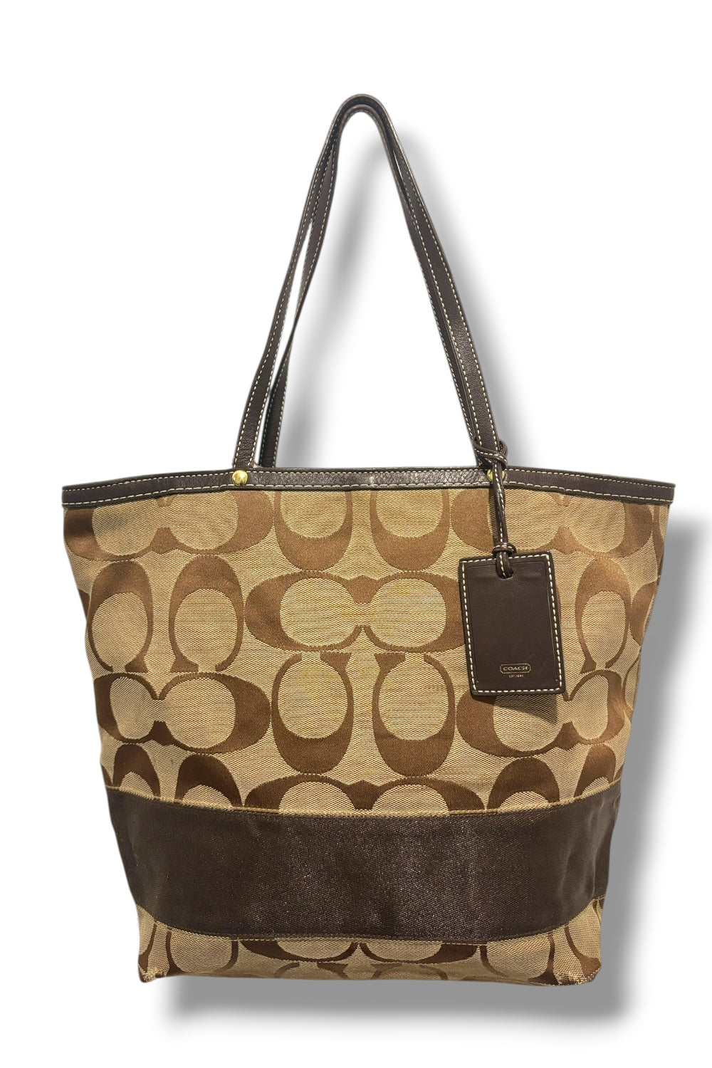 Coach Brown Khaki Signature Stripe Vintage Canvas & Leather Tote Shoulder Bag