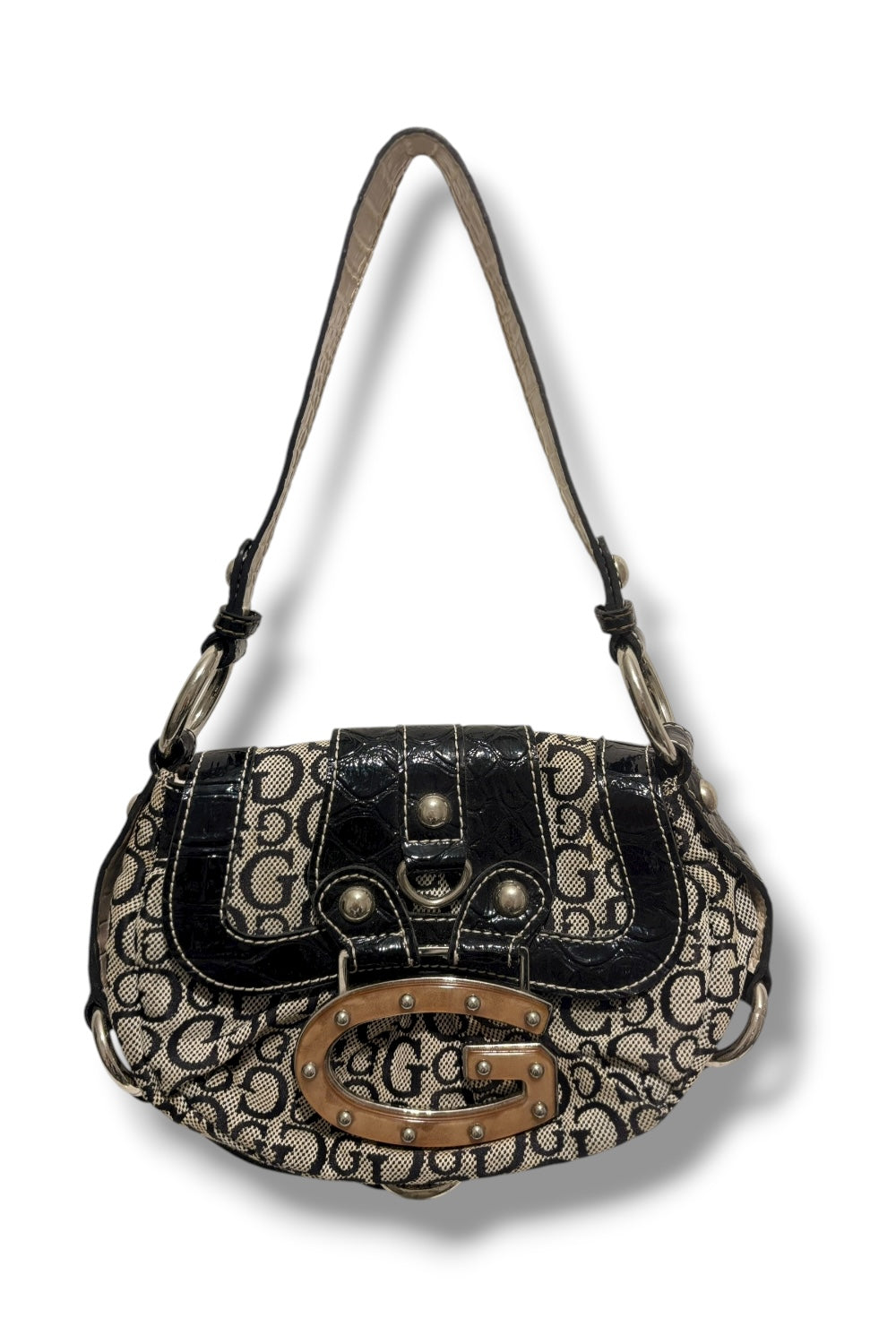 Guess Authentic Black & Grey Monogram Canvas & Croc Leather PVC Shoulder Bag