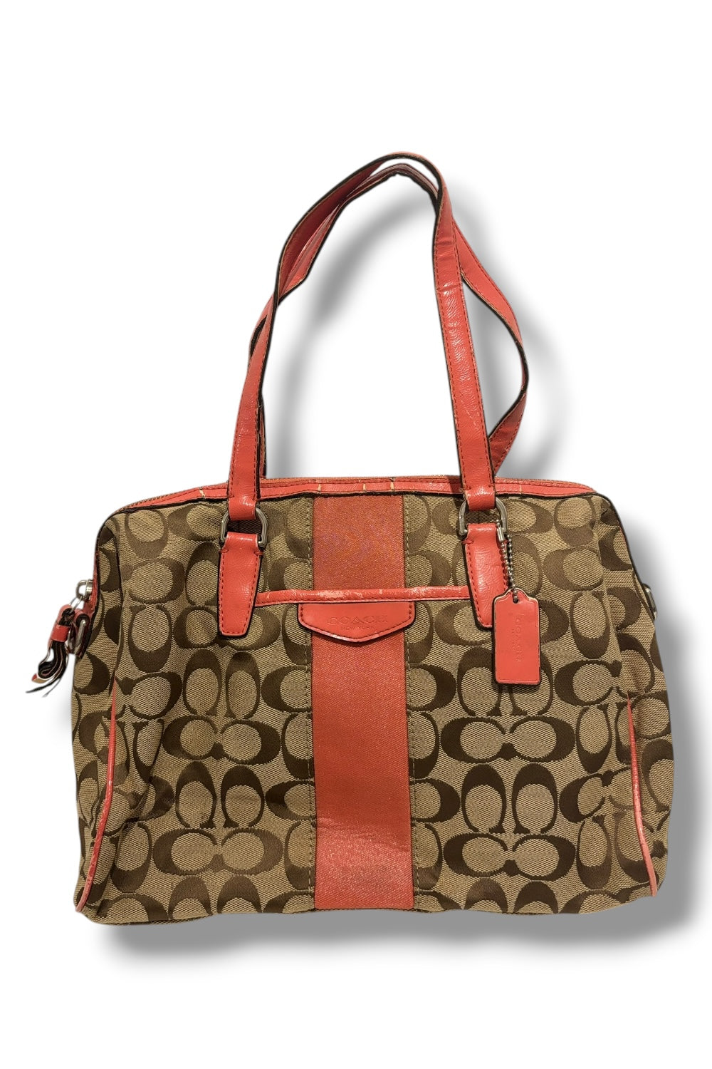 Coach Nancy Signature Stripe Brown / Orange Canvas & Leather Shoulder Bag