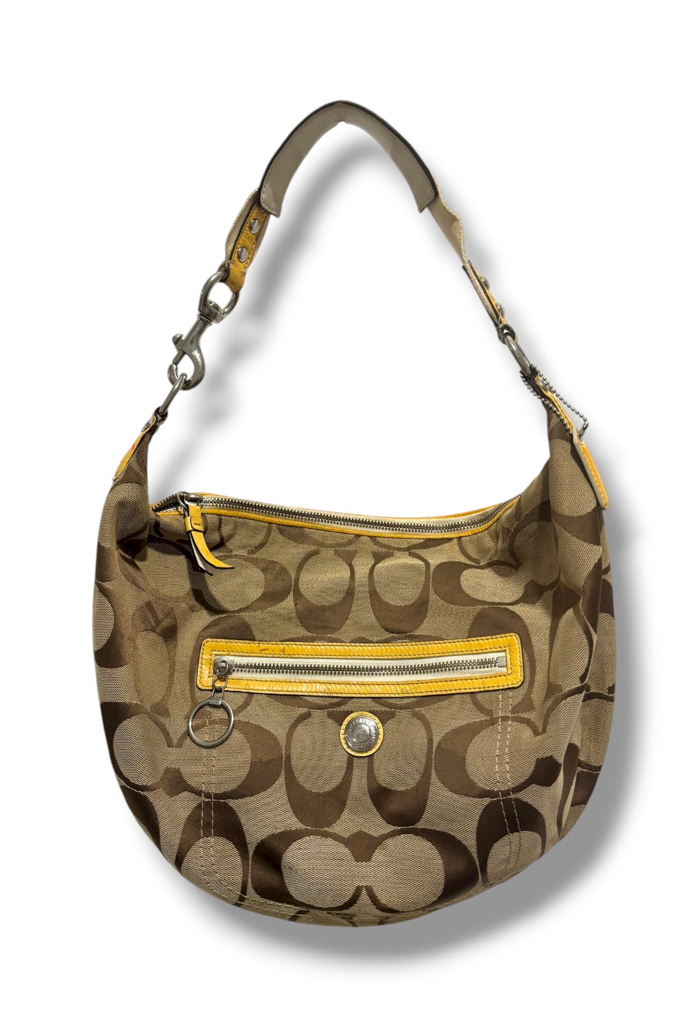 Coach Signature Brown & Yellow Canvas / Patent Leather Hobo Shoulder Bag 2000's