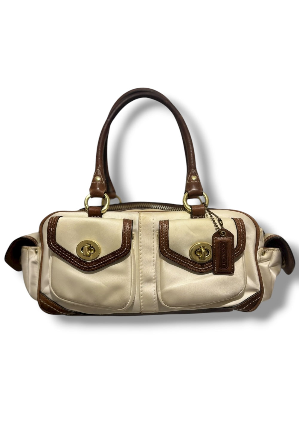Coach Brown Ivory Silk Sateen Leather Ashley Legacy Shoulder Bag
