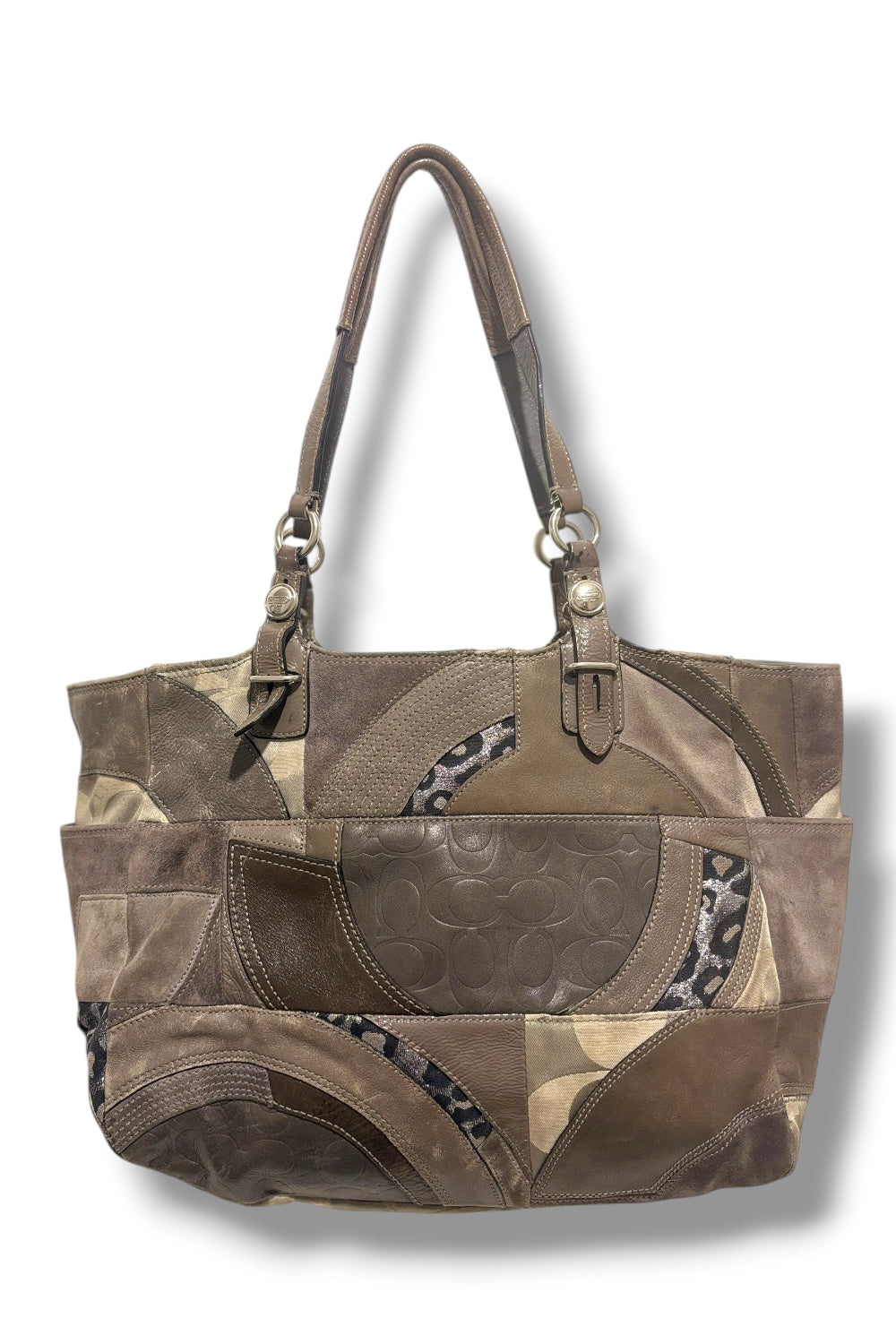 Coach Grey Patchwork Suede & Leather Leopard Print Sateen Tote Shoulder Bag