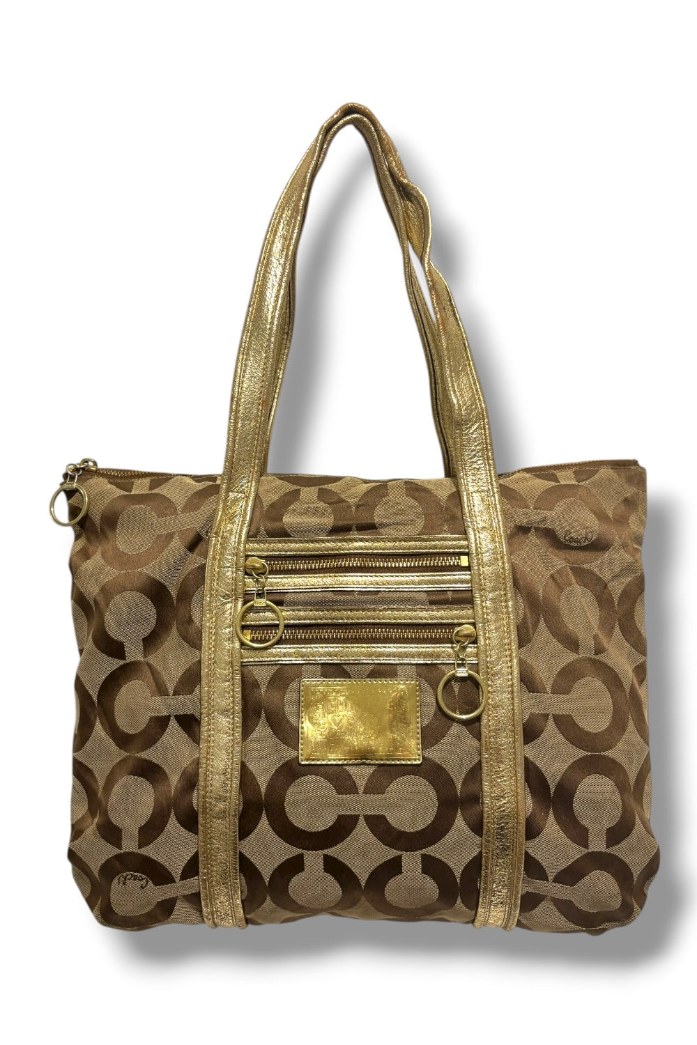 Coach Brown Khaki Signature Canvas Poppy Gold Metallic Leather Y2K Vintage Tote