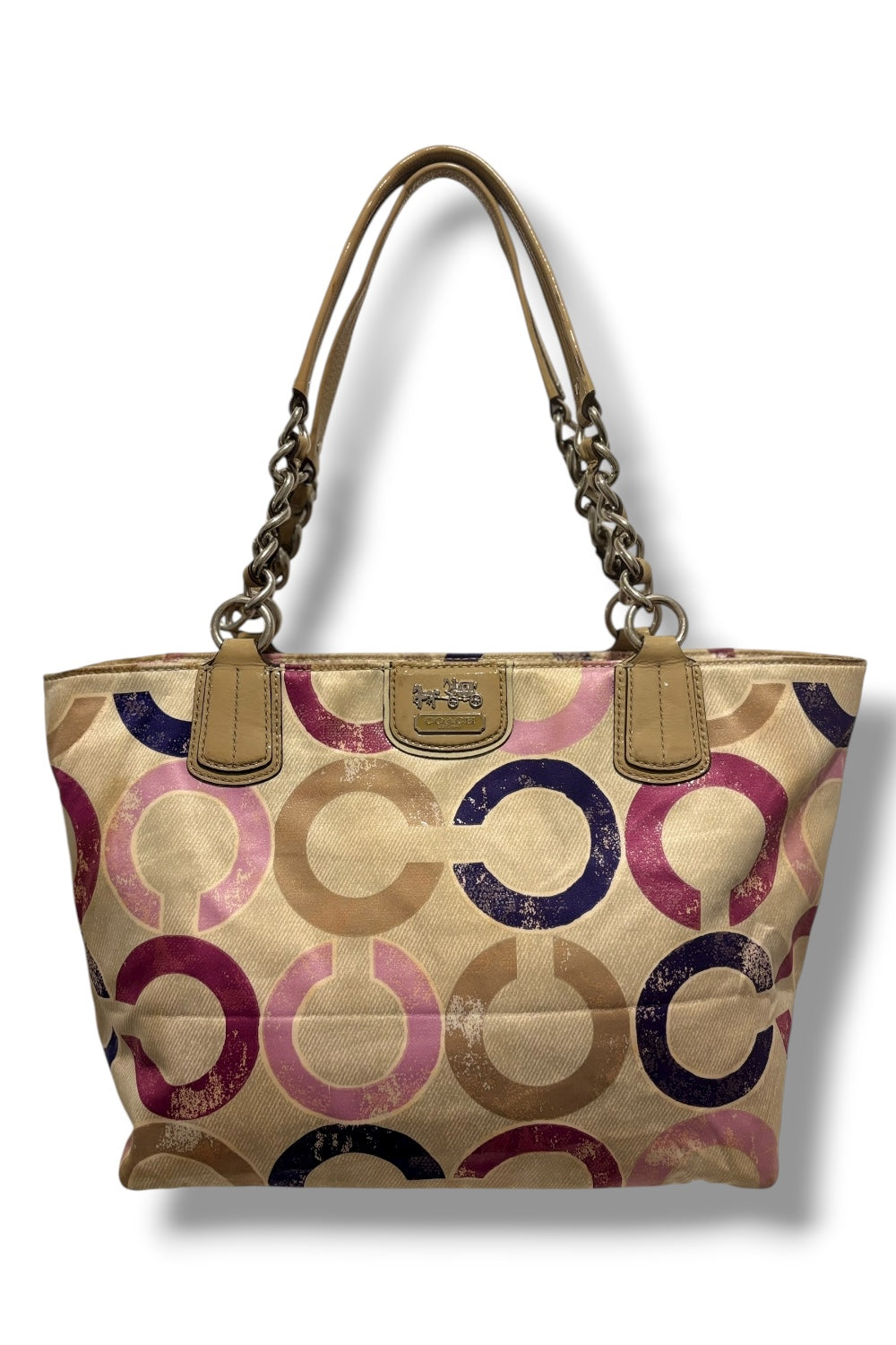 Coach Multicolour Pink Optic Signature Sateen & Patent Leather Tote Shoulder Bag