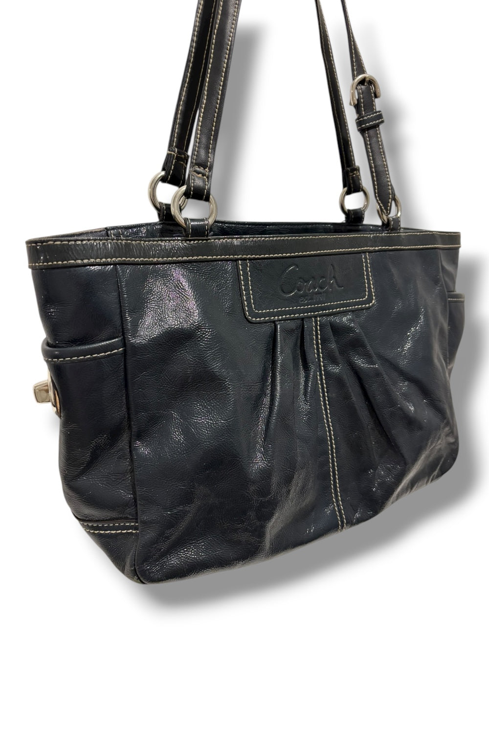 Coach Dark Navy Midnight Legacy Pleated Gallery Patent Leather Tote Shoulder Bag