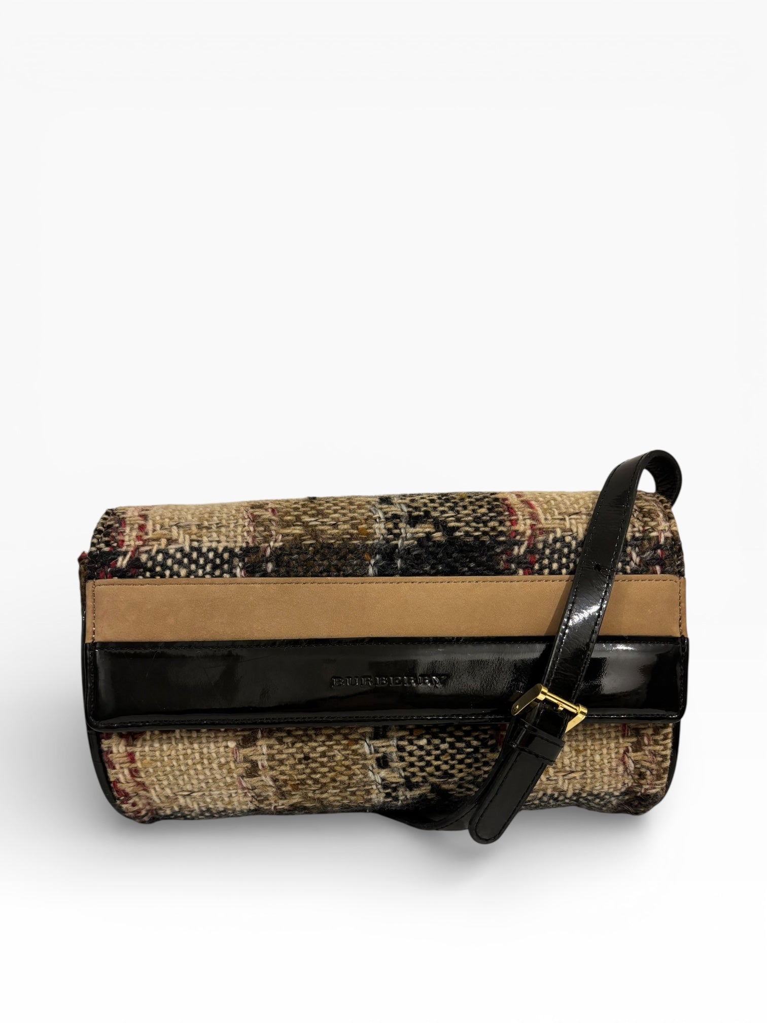 Burberry Wool Minaudière Checkered Black & Brown Leather Trim Tweed Nova Crossbody / Shoulder Bag