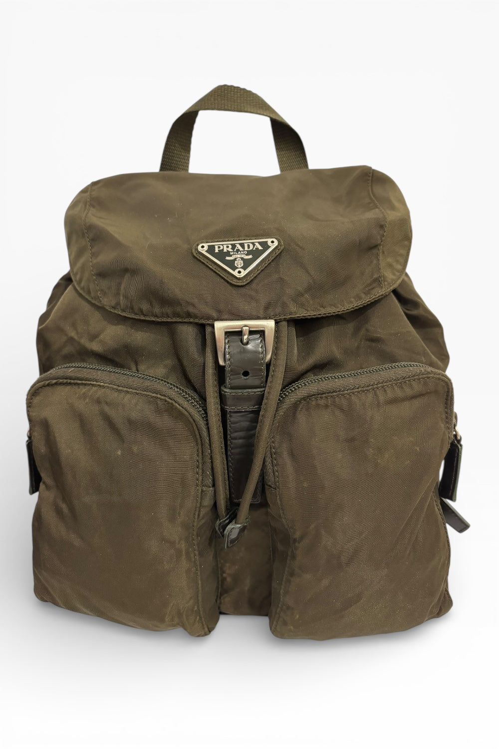 Prada Khaki Re-Nylon Medium Green & Saffiano Leather Trim Tessuto Backpack