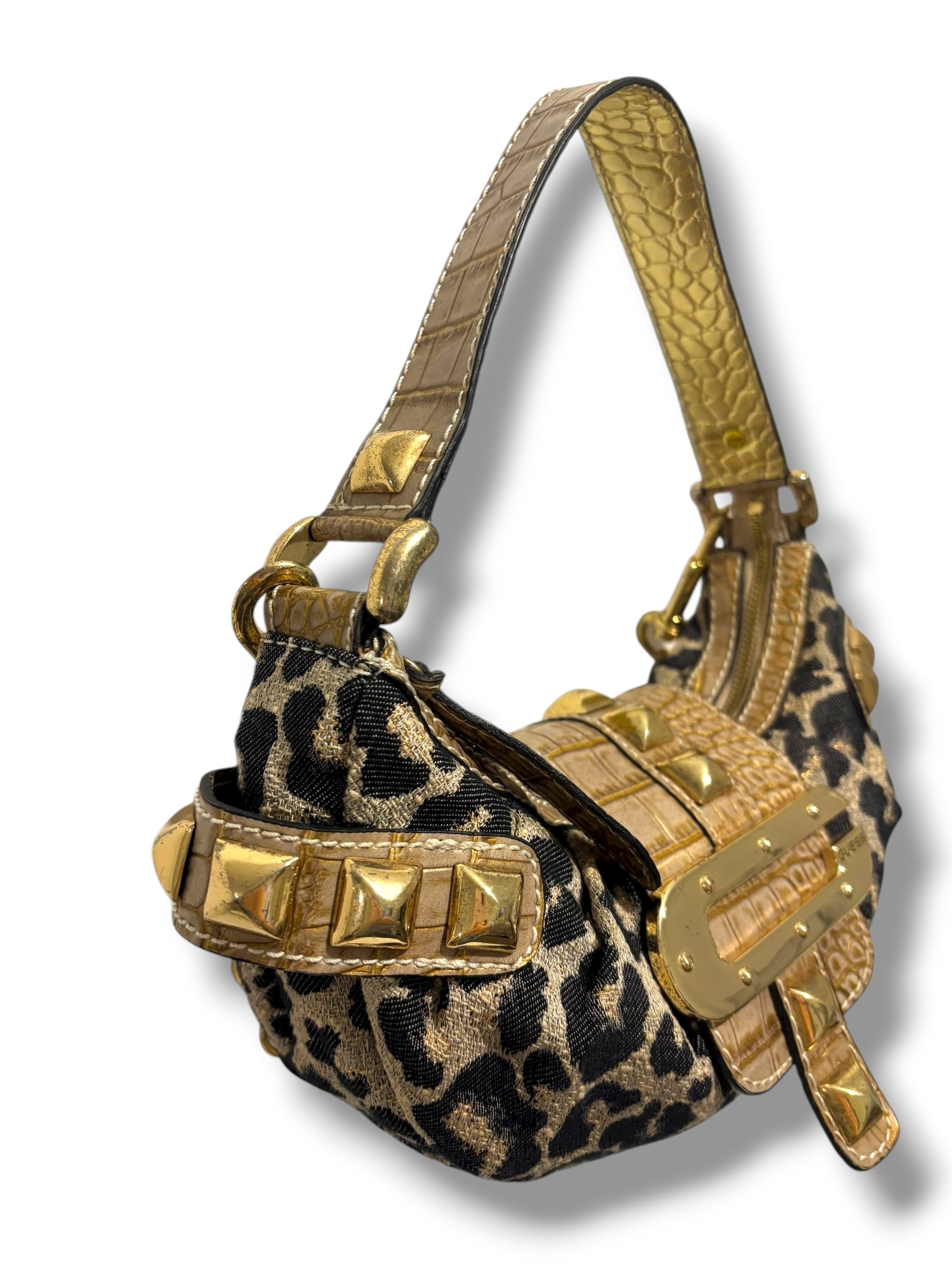 Guess Vintage Brown Gold Leopard Print Studded Baguette Canvas Shoulder Bag