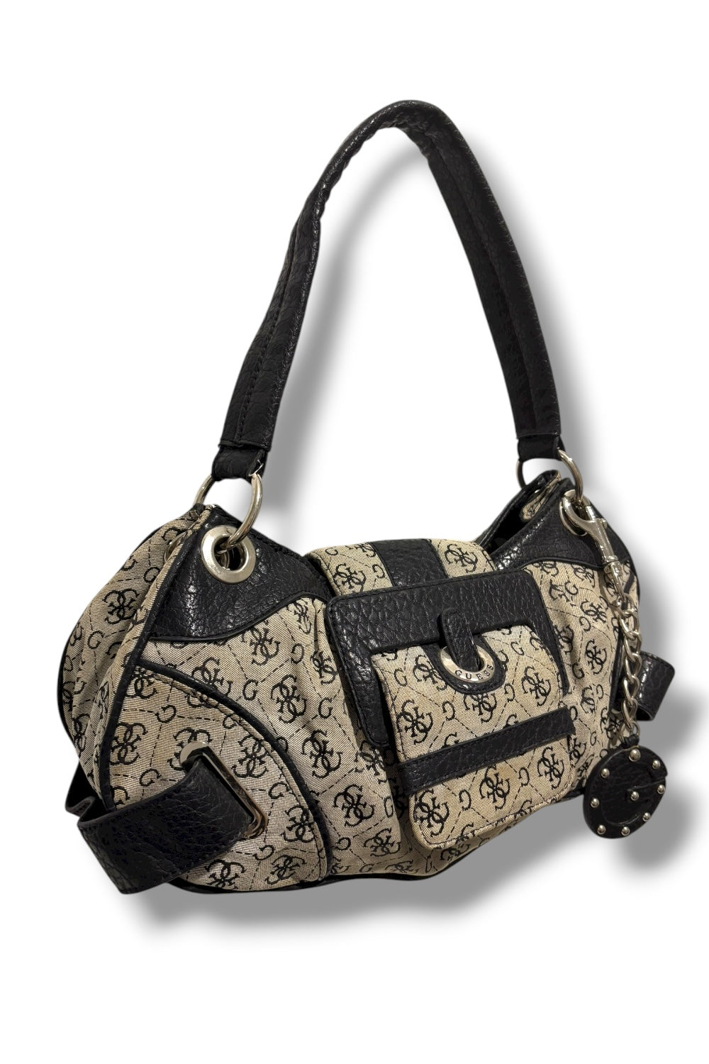 Guess Grey & Black Signature Canvas & PVC Y2K Vintage Hobo Shoulder Bag
