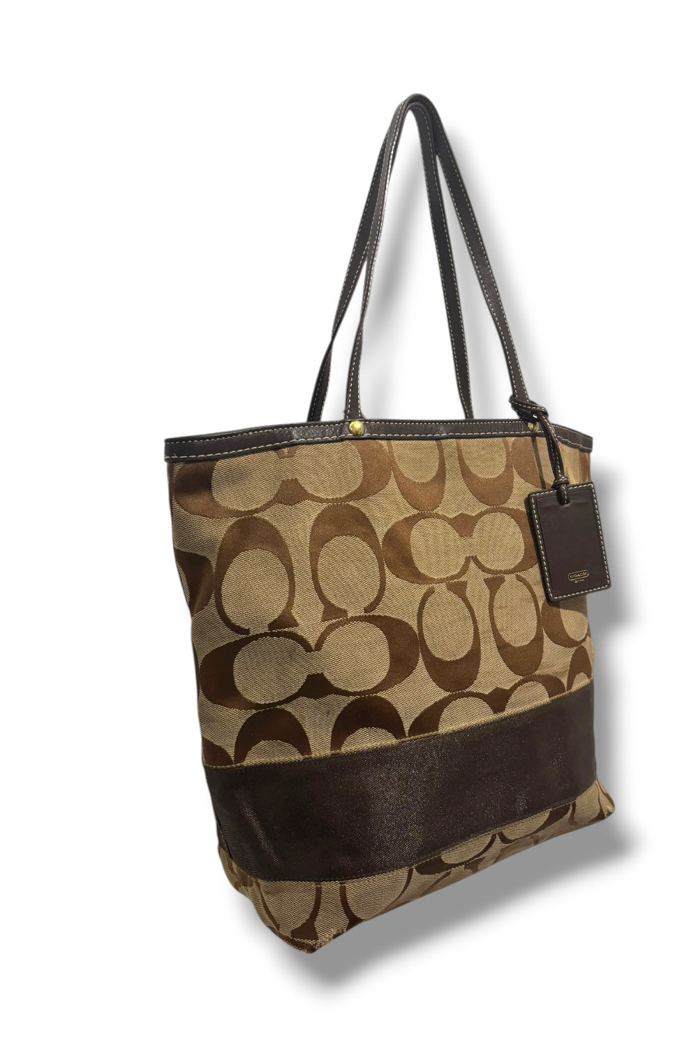 Coach Brown Khaki Signature Stripe Vintage Canvas & Leather Tote Shoulder Bag